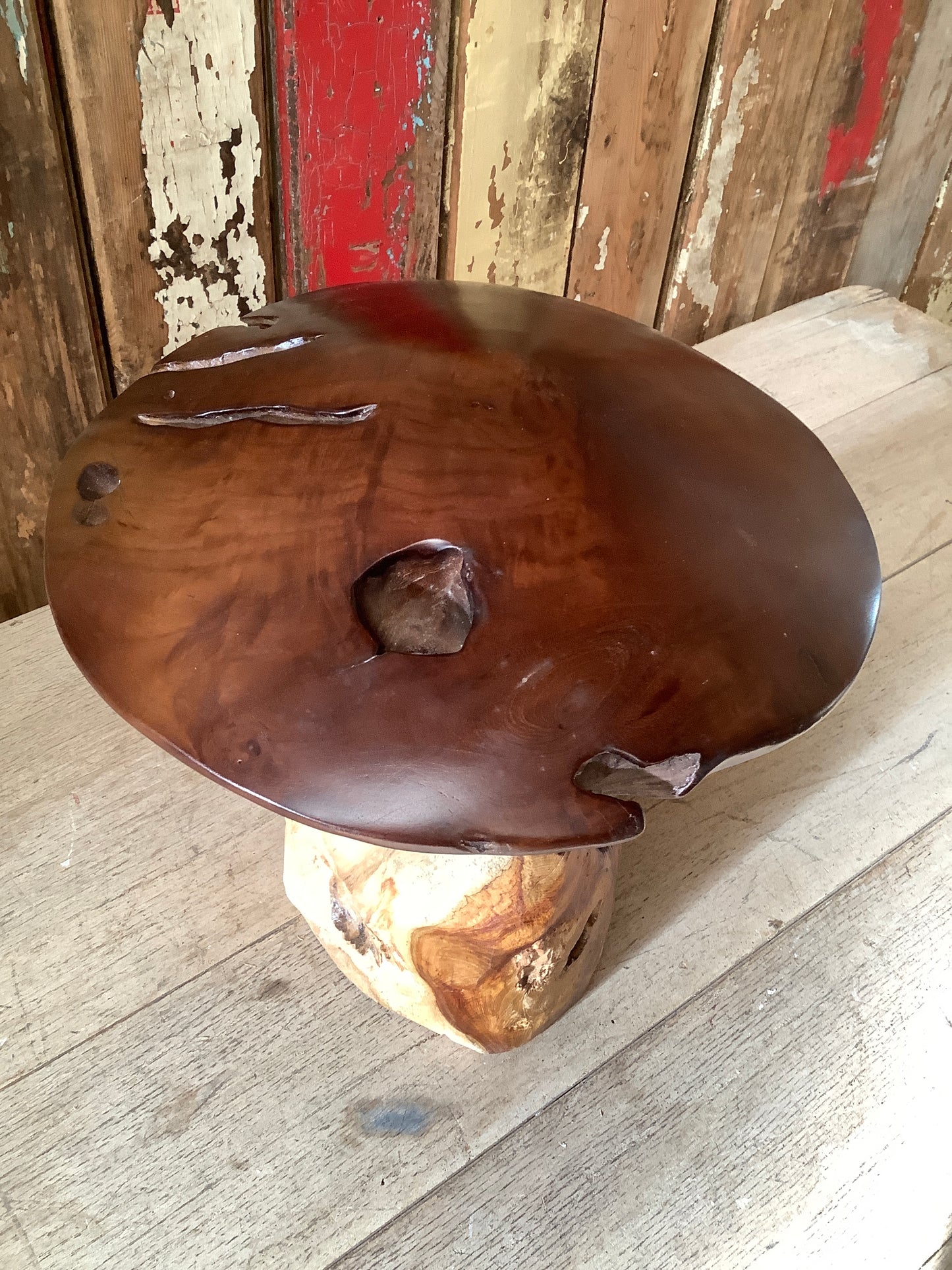 Lovely Recycled Teak Mushroom Statue 12 Tall Natural & Rustic Looking