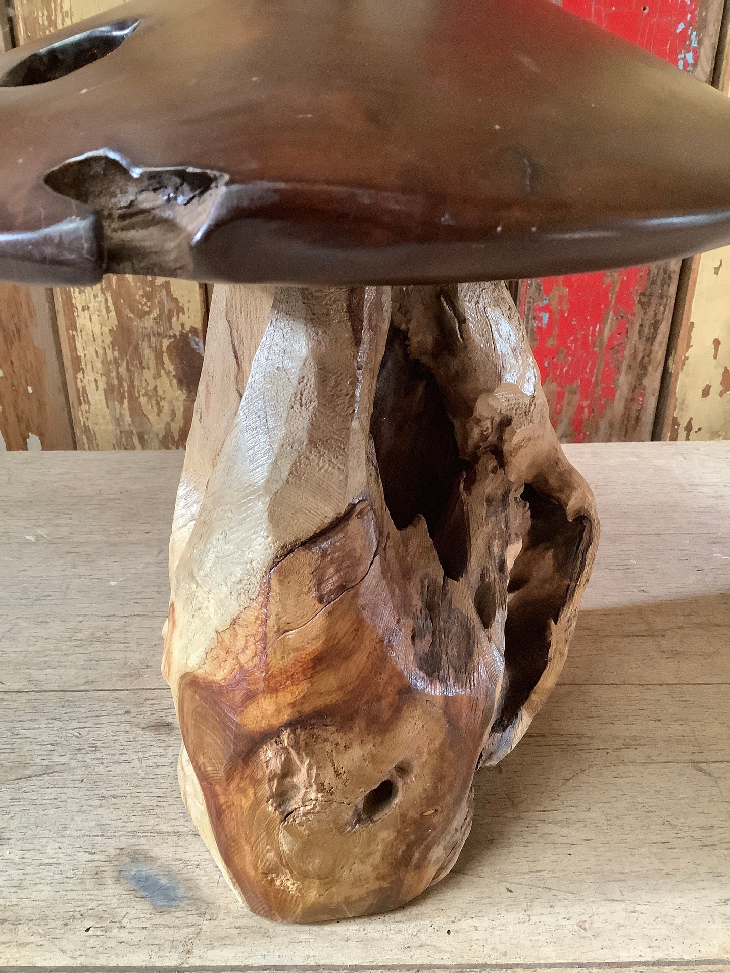 Lovely Recycled Teak Mushroom Statue 12 Tall Natural & Rustic Looking