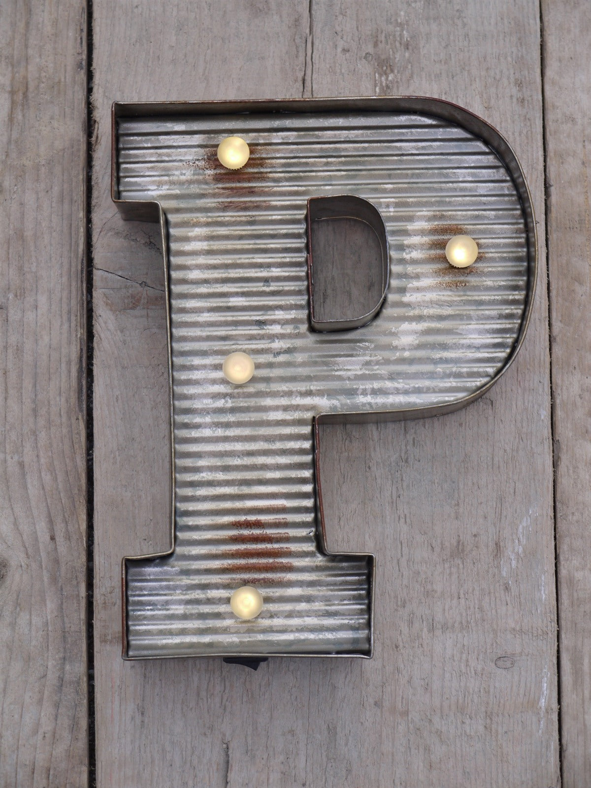 P Illuminated LED Galvanized Style Tin Metal Fairground Style 10" Letter