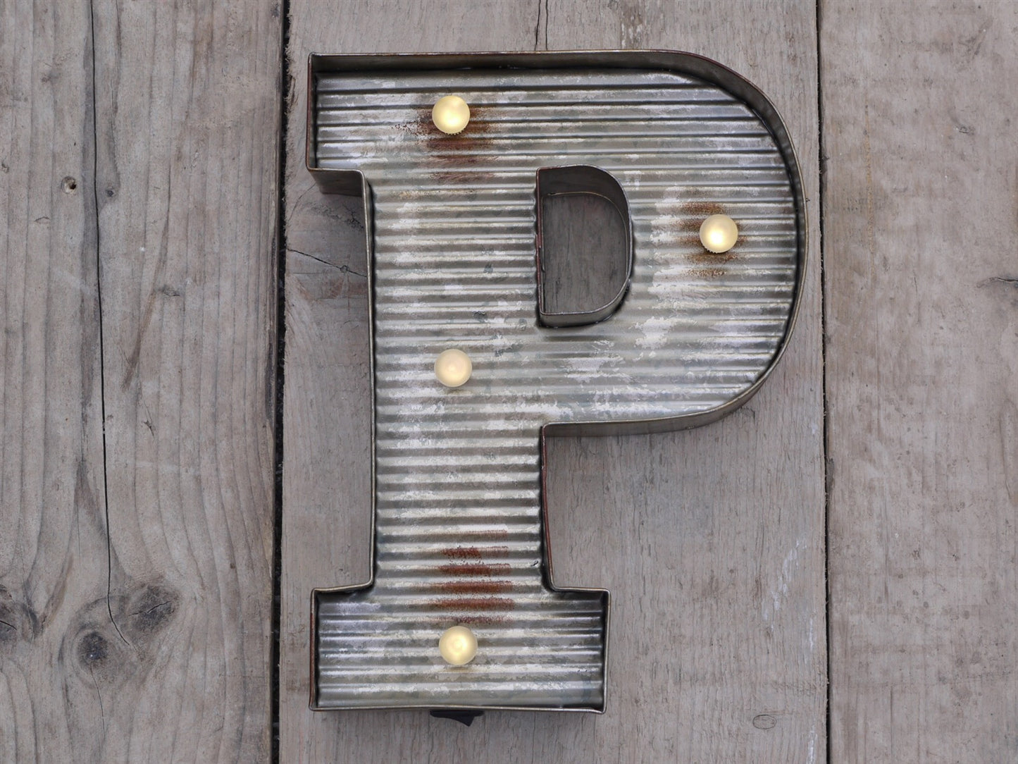 P Illuminated LED Galvanized Style Tin Metal Fairground Style 10" Letter