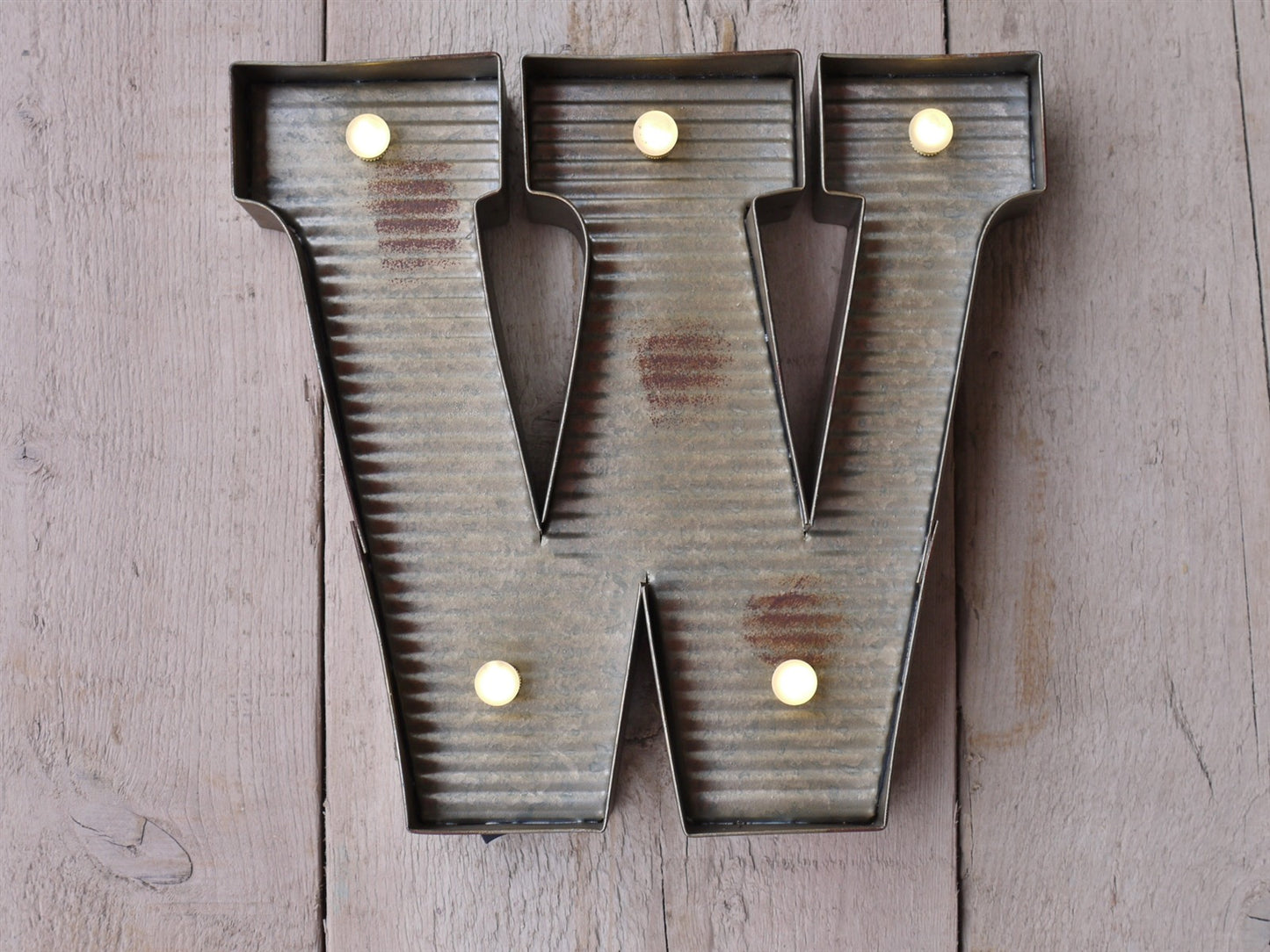 W Illuminated LED Galvanized Style Tin Metal Fairground Style 10" Letter