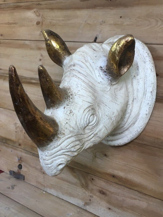 White & Gold Rhino Head Wall Mounting Resin 16 Wild Animal
