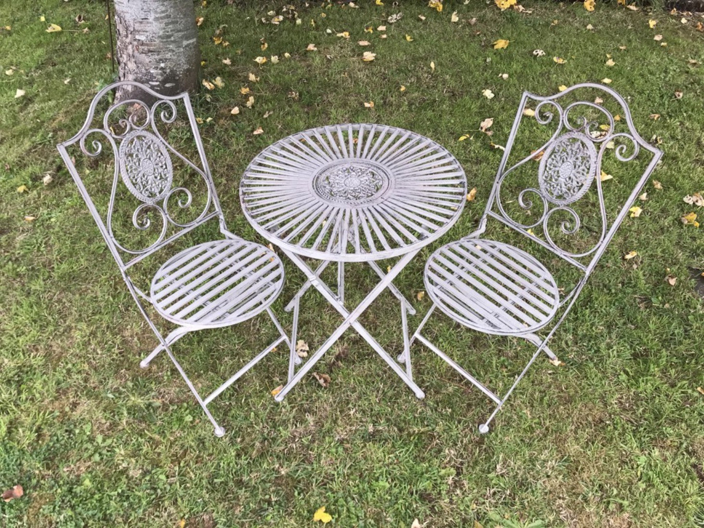 Garden Bistro Patio Set Grey Metal Round Folding Table & 2 Chairs