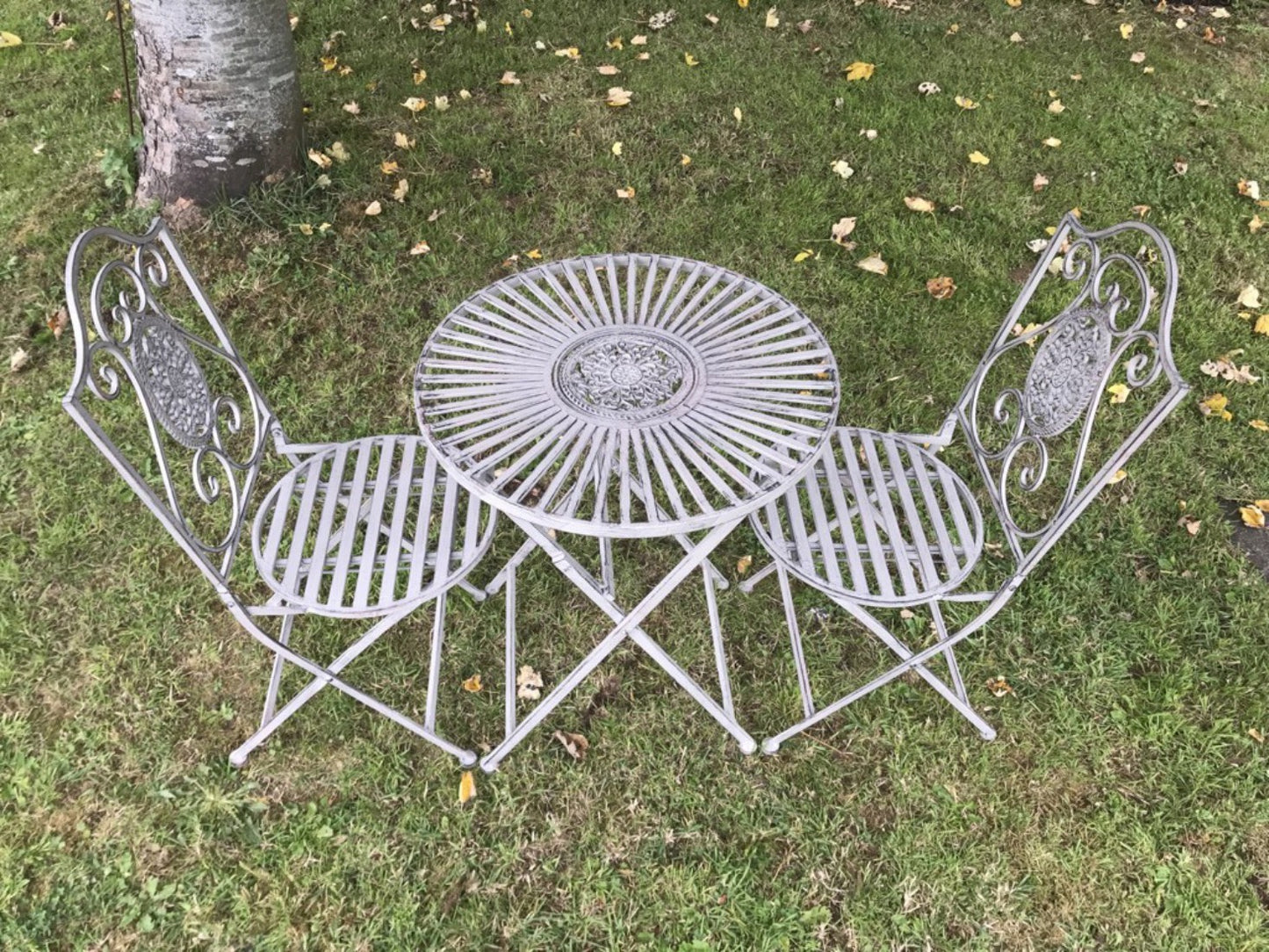 Garden Bistro Patio Set Grey Metal Round Folding Table & 2 Chairs