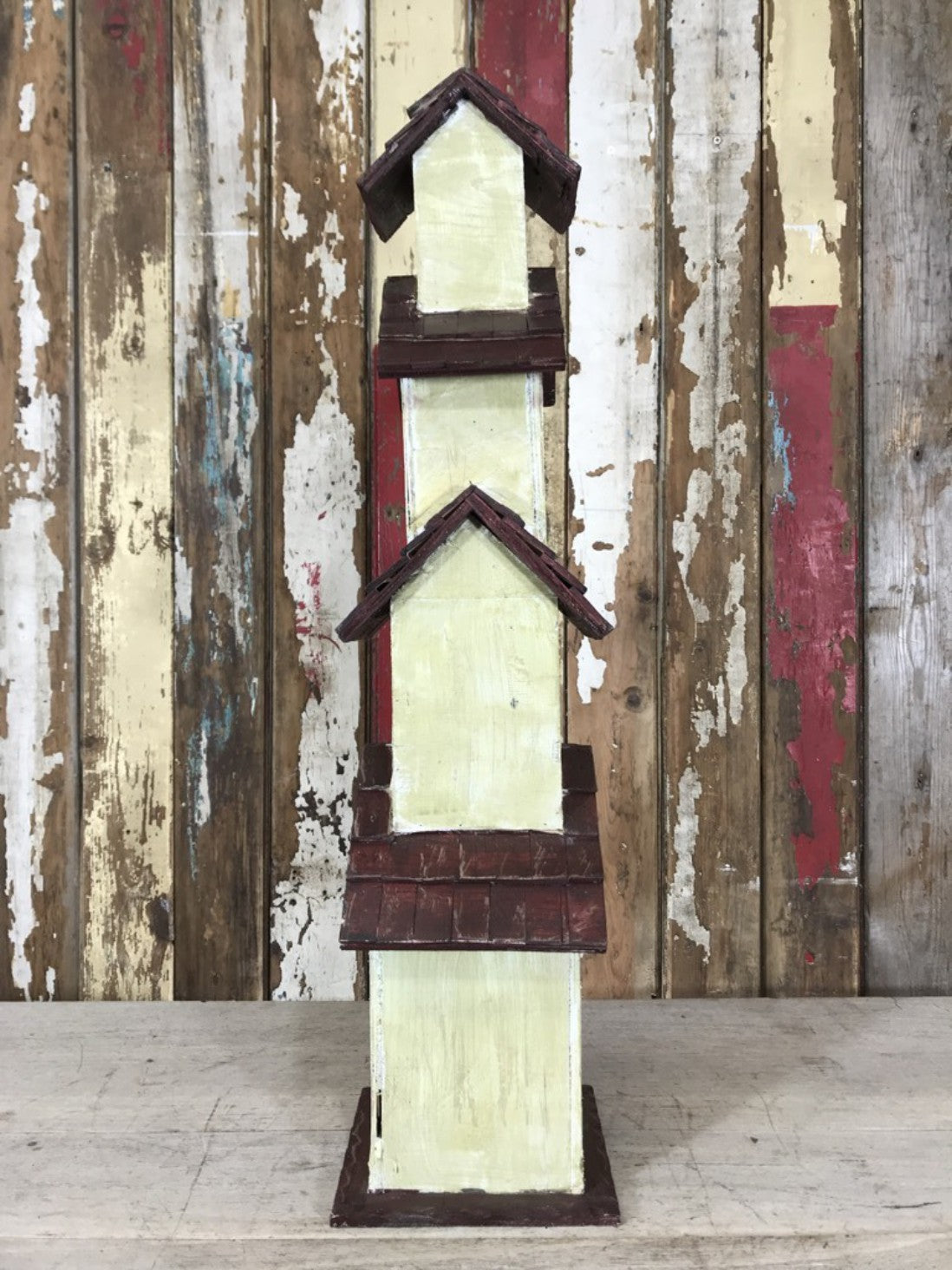 Rustic Painted Wooden Timber 4 Story Bird House Garden Ornament 80cm Tall