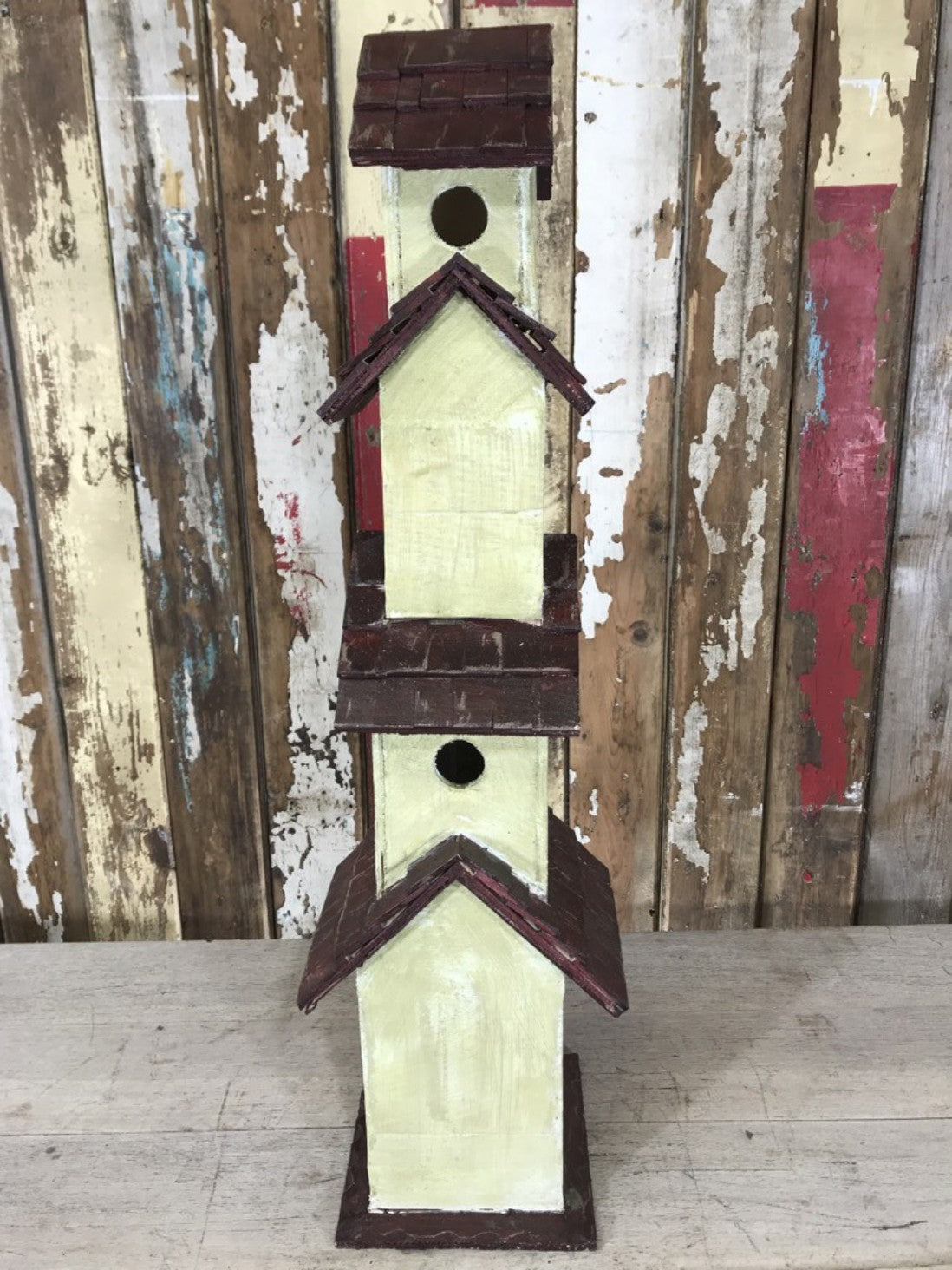 Rustic Painted Wooden Timber 4 Story Bird House Garden Ornament 80cm Tall