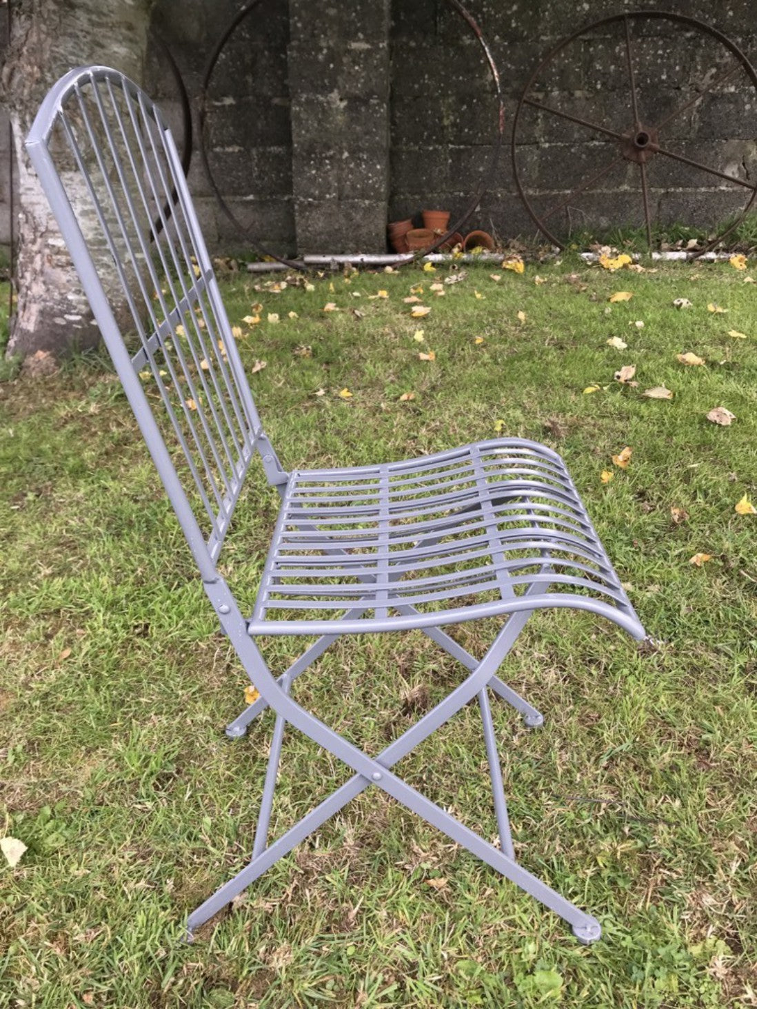 Garden Bistro Patio Set Light Weight Grey Steel Slatted Table & 2 Folding Chairs