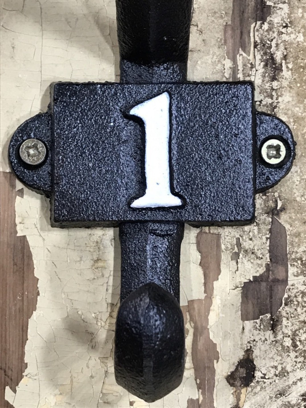 Heavy Solid Cast Iron Black Double Wall Coat Hook with Number 1 in White