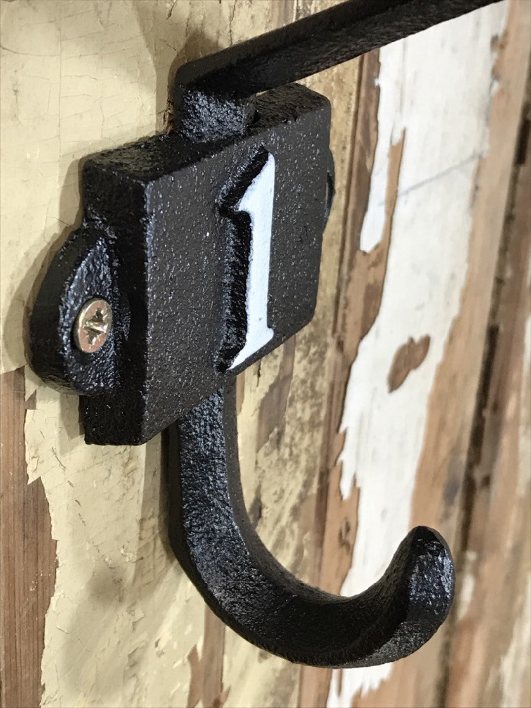 Heavy Solid Cast Iron Black Double Wall Coat Hook with Number 1 in White