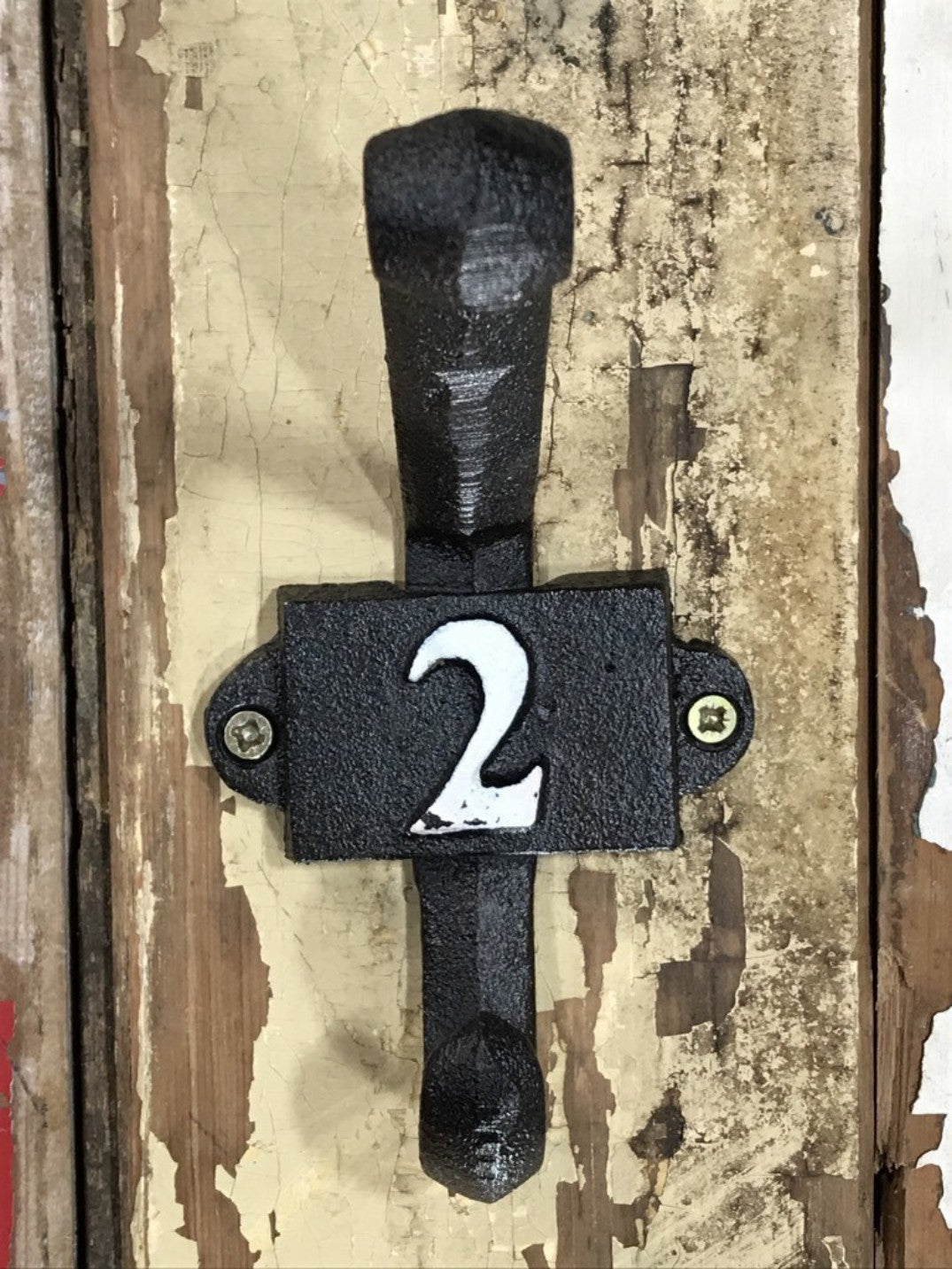 Heavy Solid Cast Iron Black Double Wall Coat Hook with Number 2 in White