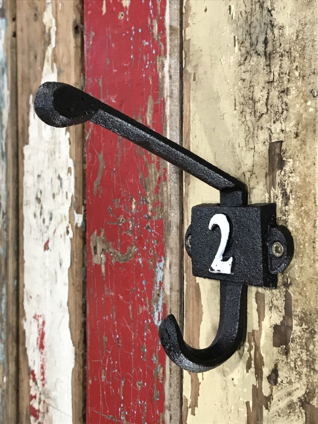 Heavy Solid Cast Iron Black Double Wall Coat Hook with Number 2 in White