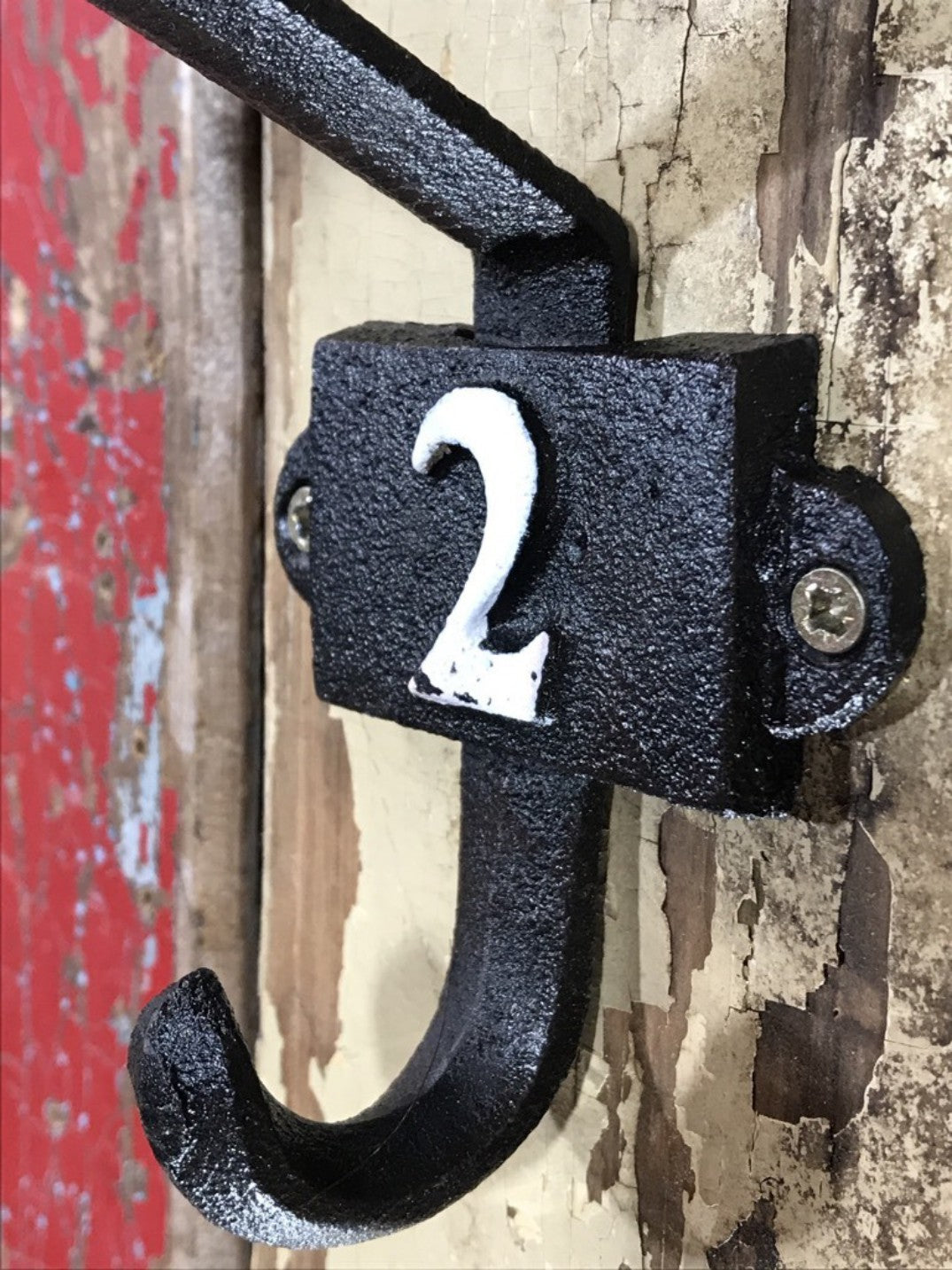 Heavy Solid Cast Iron Black Double Wall Coat Hook with Number 2 in White