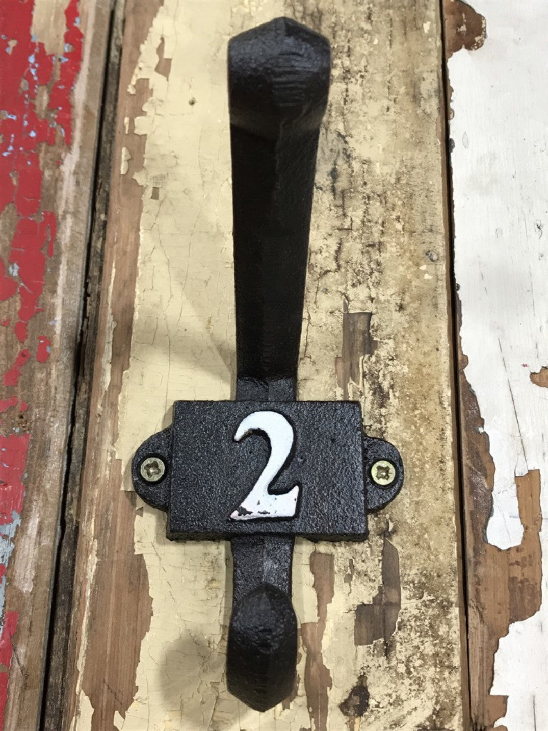 Heavy Solid Cast Iron Black Double Wall Coat Hook with Number 2 in White