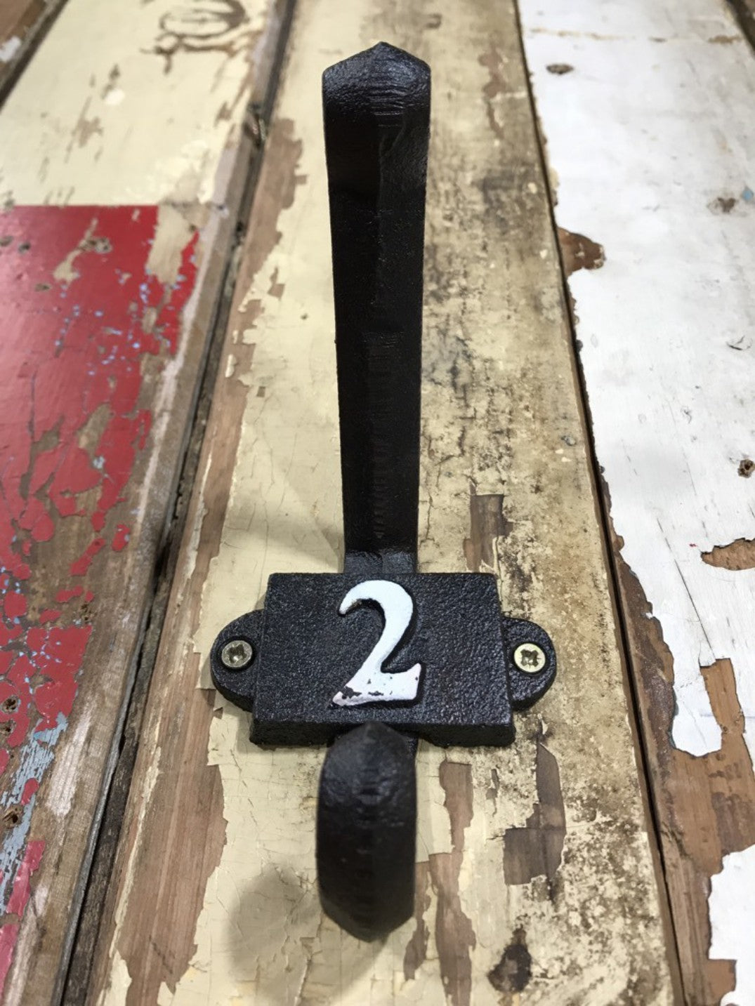 Heavy Solid Cast Iron Black Double Wall Coat Hook with Number 2 in White