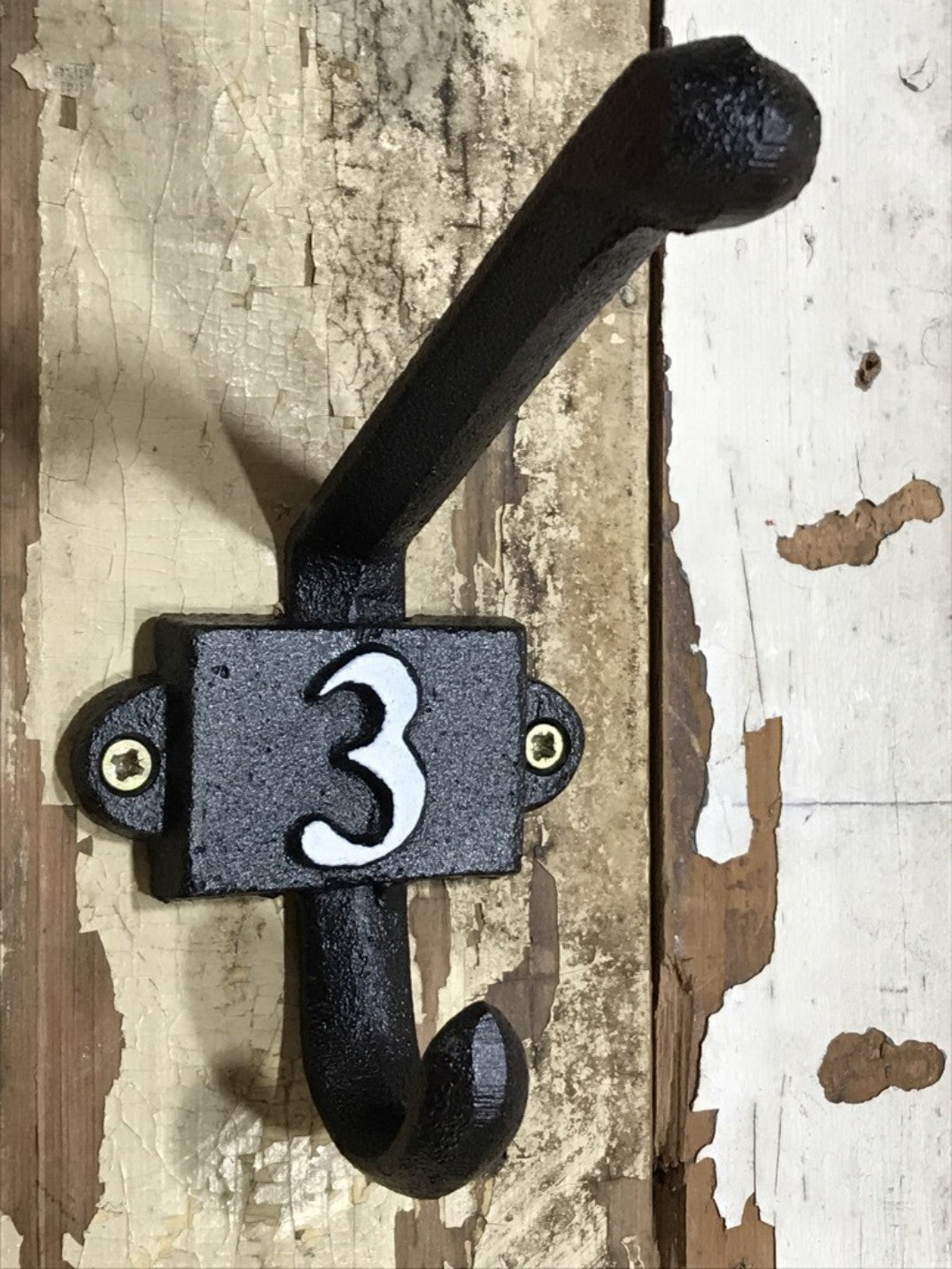 Heavy Solid Cast Iron Black Double Wall Hook with Number 3 in White