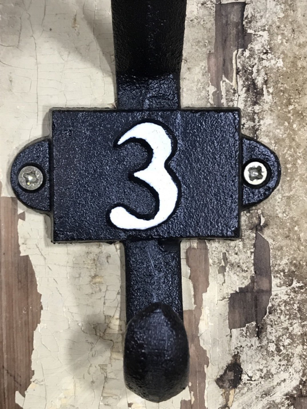 Heavy Solid Cast Iron Black Double Wall Hook with Number 3 in White