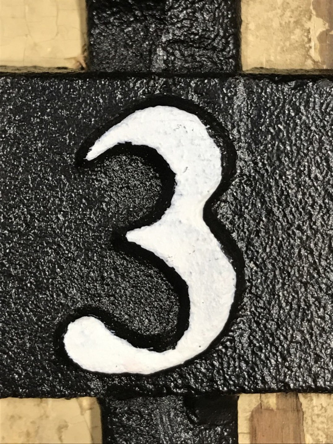 Heavy Solid Cast Iron Black Double Wall Hook with Number 3 in White