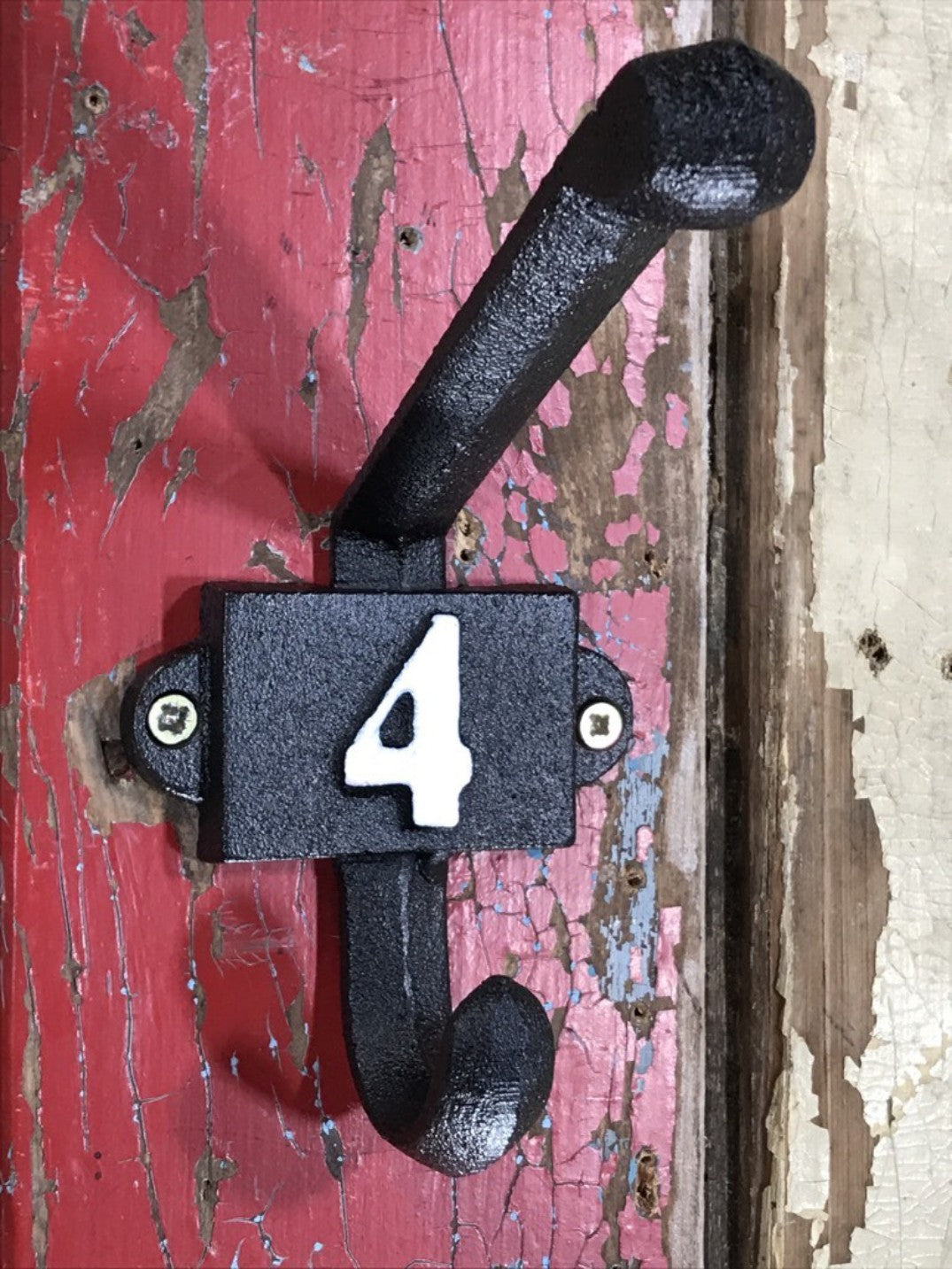 Heavy Solid Cast Iron Black Double Wall Coat Hook with Number 4 in White