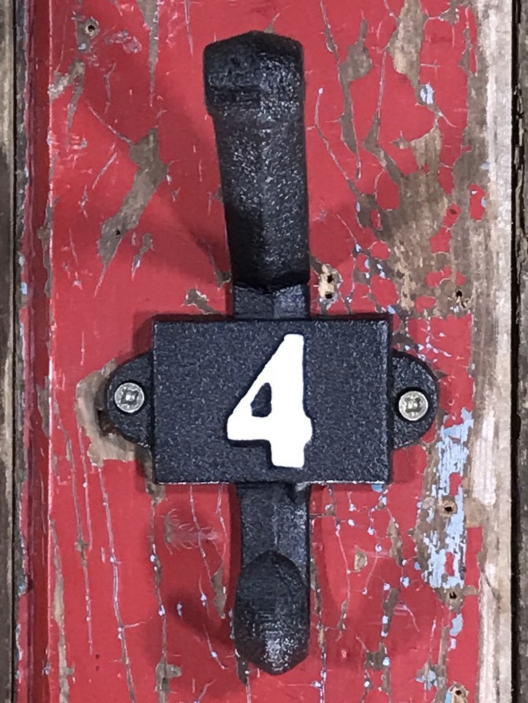 Heavy Solid Cast Iron Black Double Wall Coat Hook with Number 4 in White