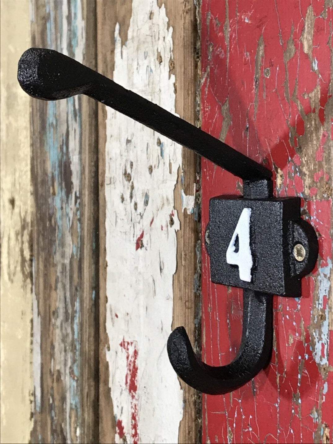 Heavy Solid Cast Iron Black Double Wall Coat Hook with Number 4 in White