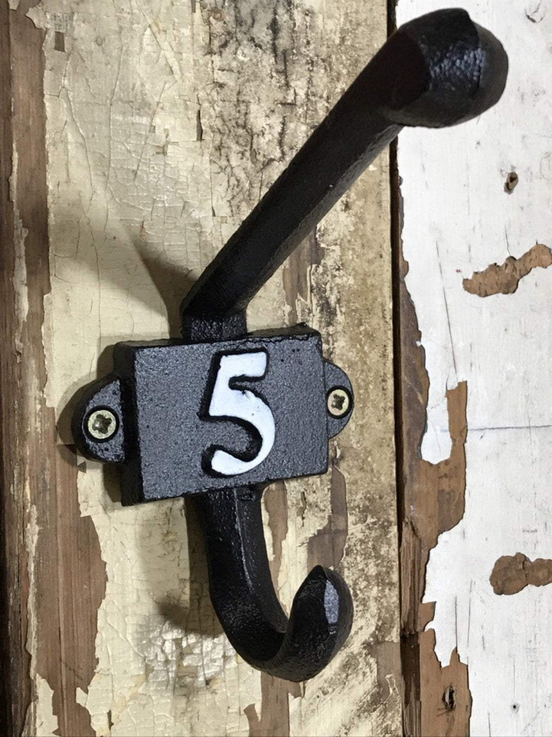 Heavy Solid Cast Iron Black Double Wall Coat Hook with Number 5 in White