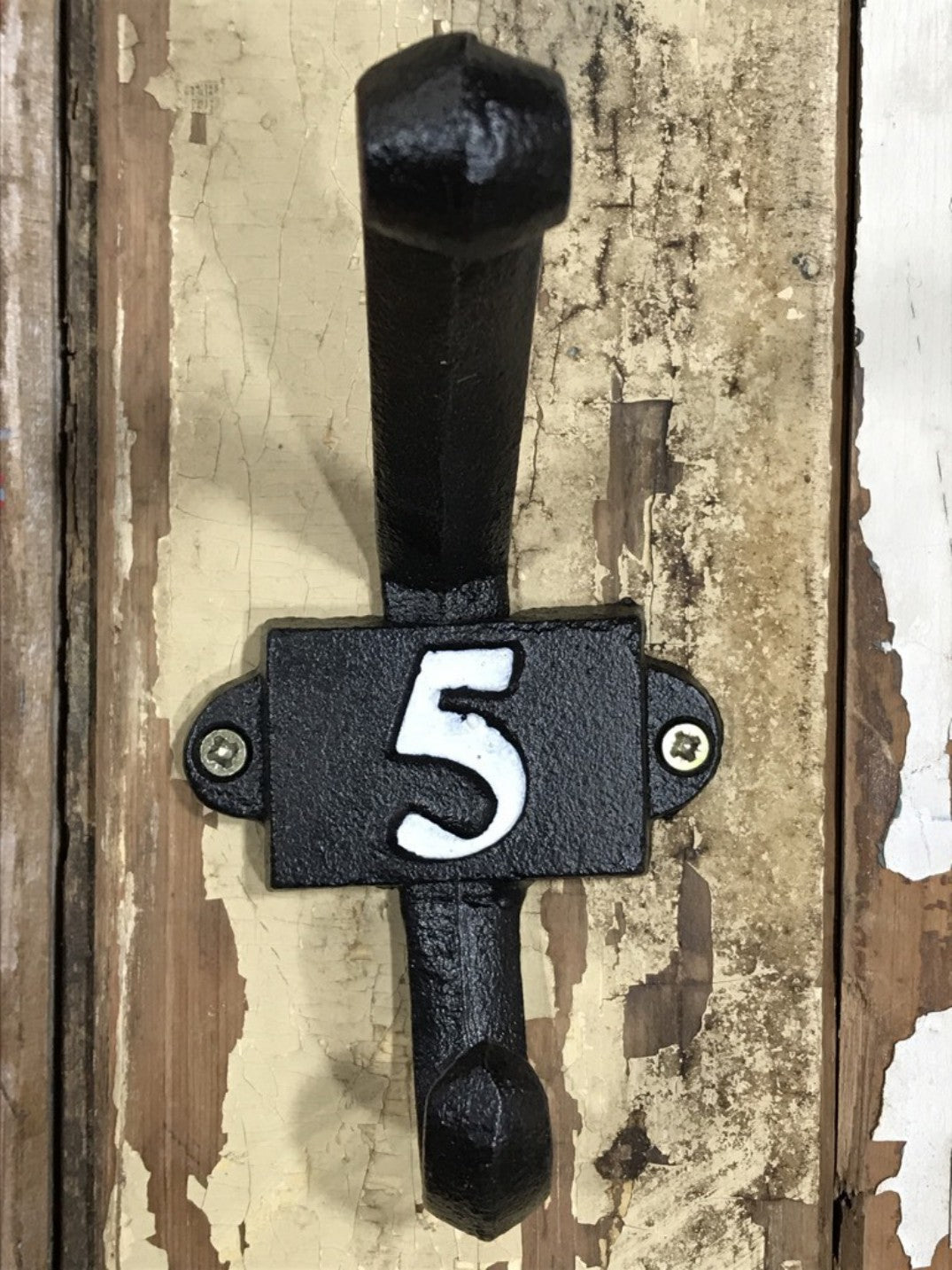 Heavy Solid Cast Iron Black Double Wall Coat Hook with Number 5 in White