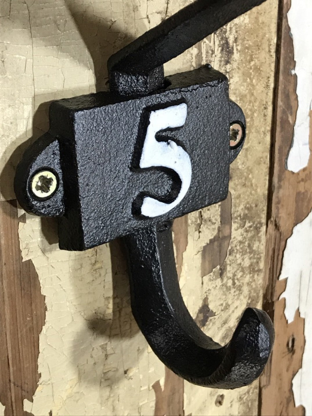 Heavy Solid Cast Iron Black Double Wall Coat Hook with Number 5 in White