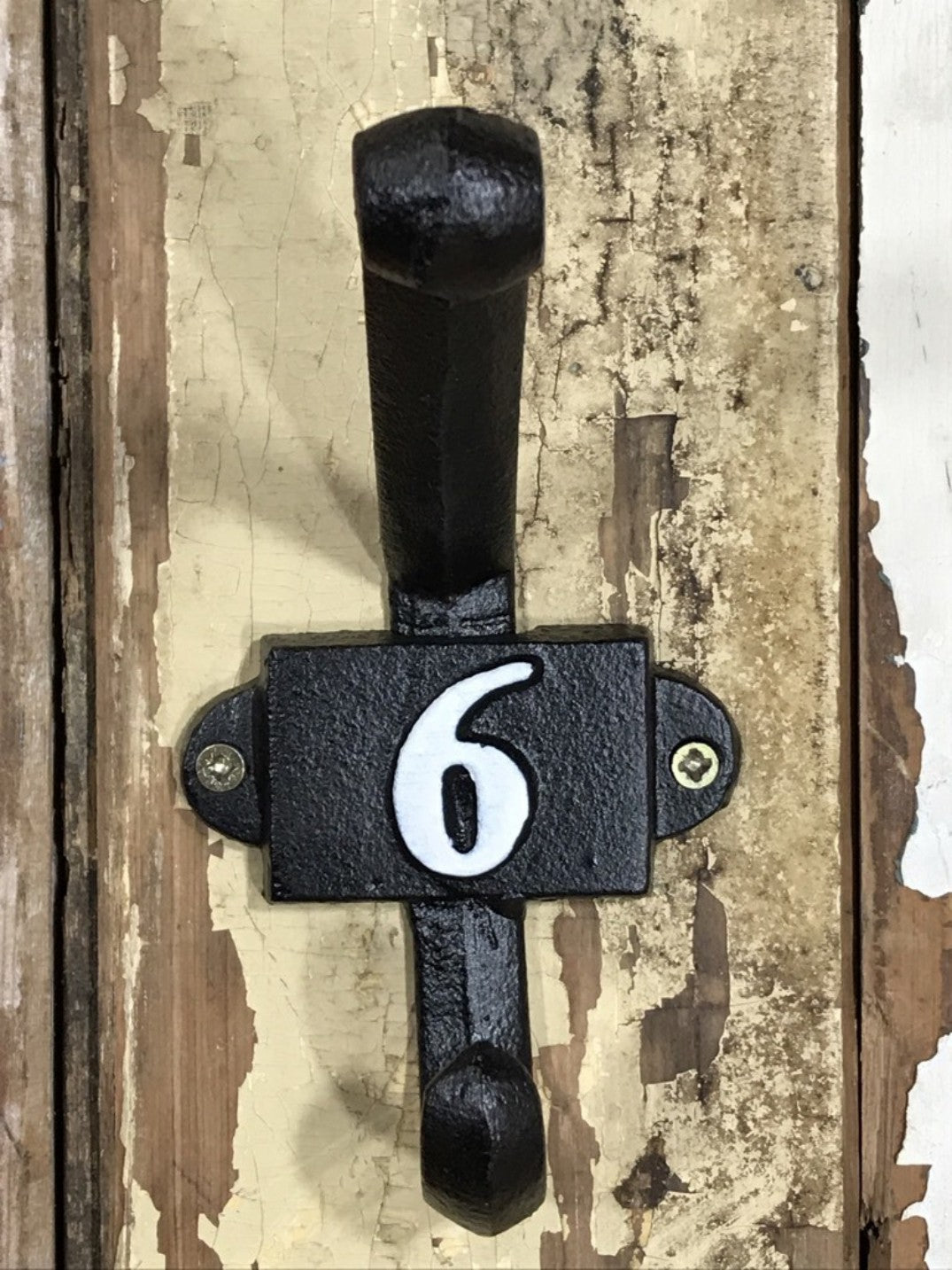 Heavy Solid Cast Iron Black Double Wall Coat Hook with Number 6 in White