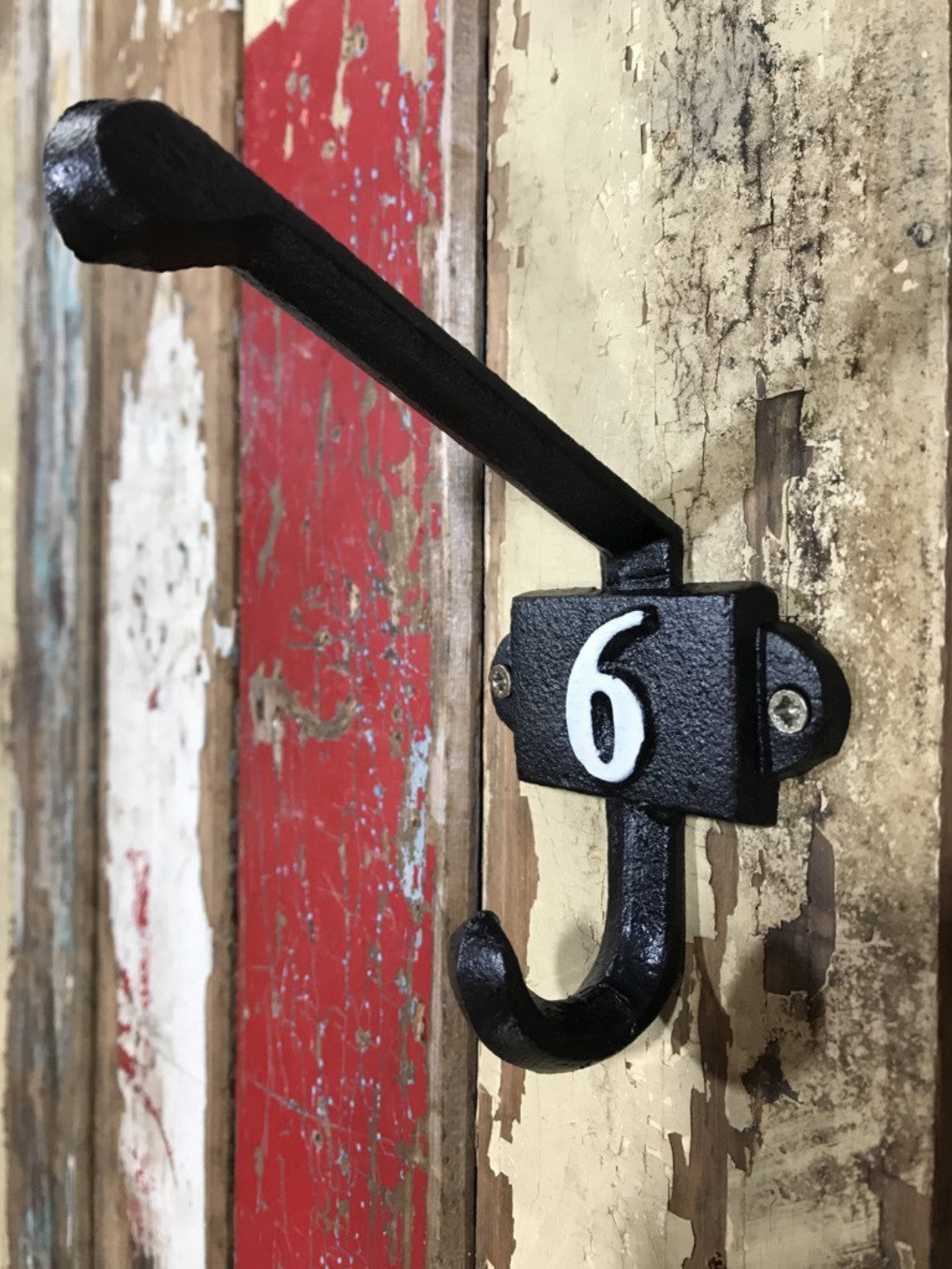 Heavy Solid Cast Iron Black Double Wall Coat Hook with Number 6 in White