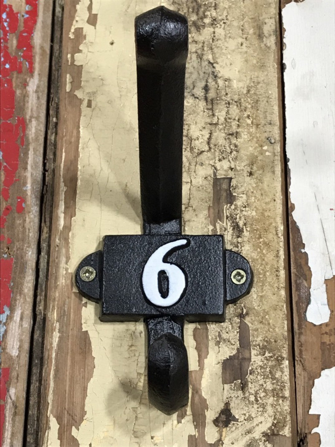 Heavy Solid Cast Iron Black Double Wall Coat Hook with Number 6 in White