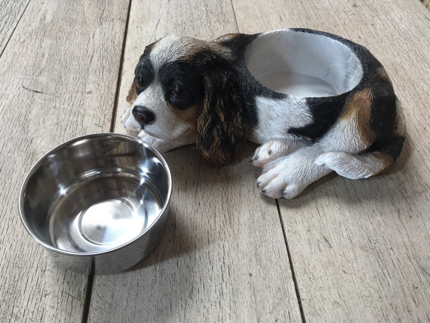 Painted Black,White,Tan King Charles Dog Bowl with 1 Stainless steel Bowl