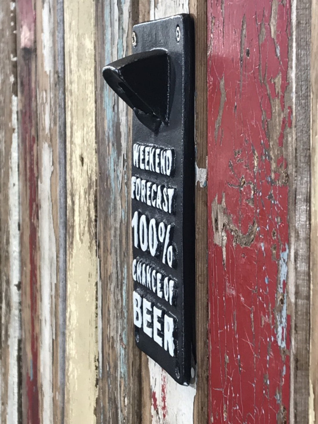 WEEKEND FORECAST 100% CHANCE OF BEER, Wall Bottle Opener Cast Iron
