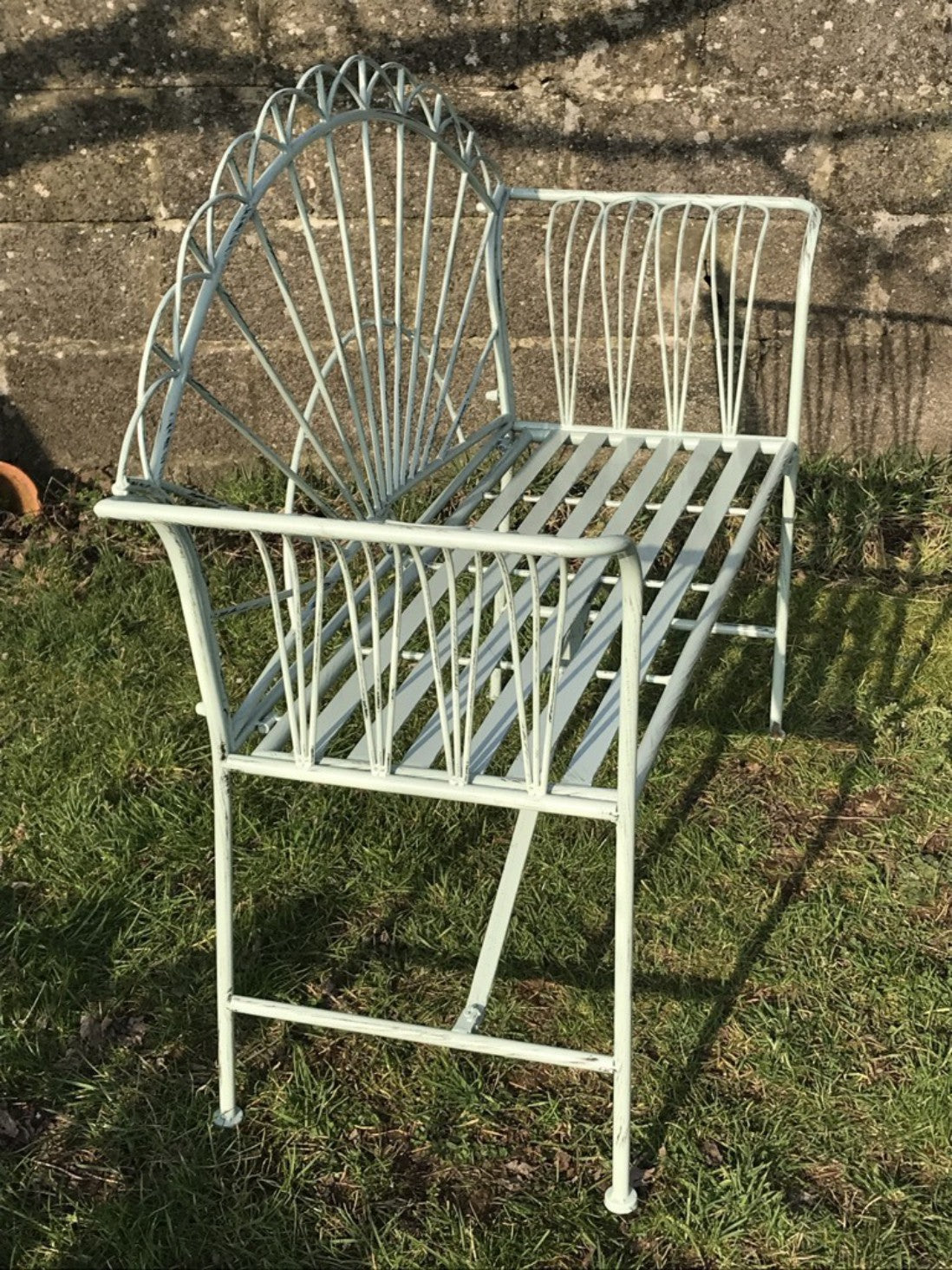 Arched Light Sage Green Two Seater Garden Bench Seat Wrought Iron Style