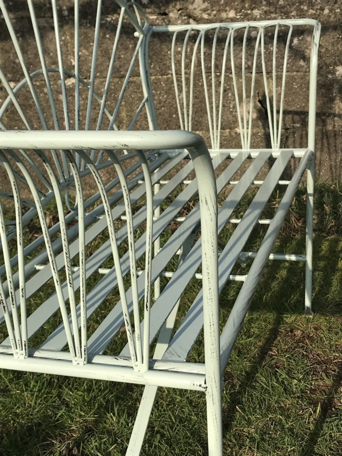 Arched Light Sage Green Two Seater Garden Bench Seat Wrought Iron Style