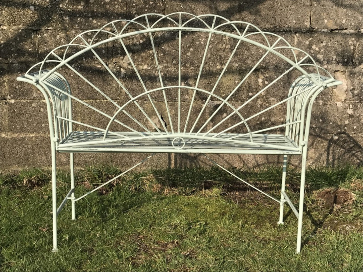 Arched Light Sage Green Two Seater Garden Bench Seat Wrought Iron Style