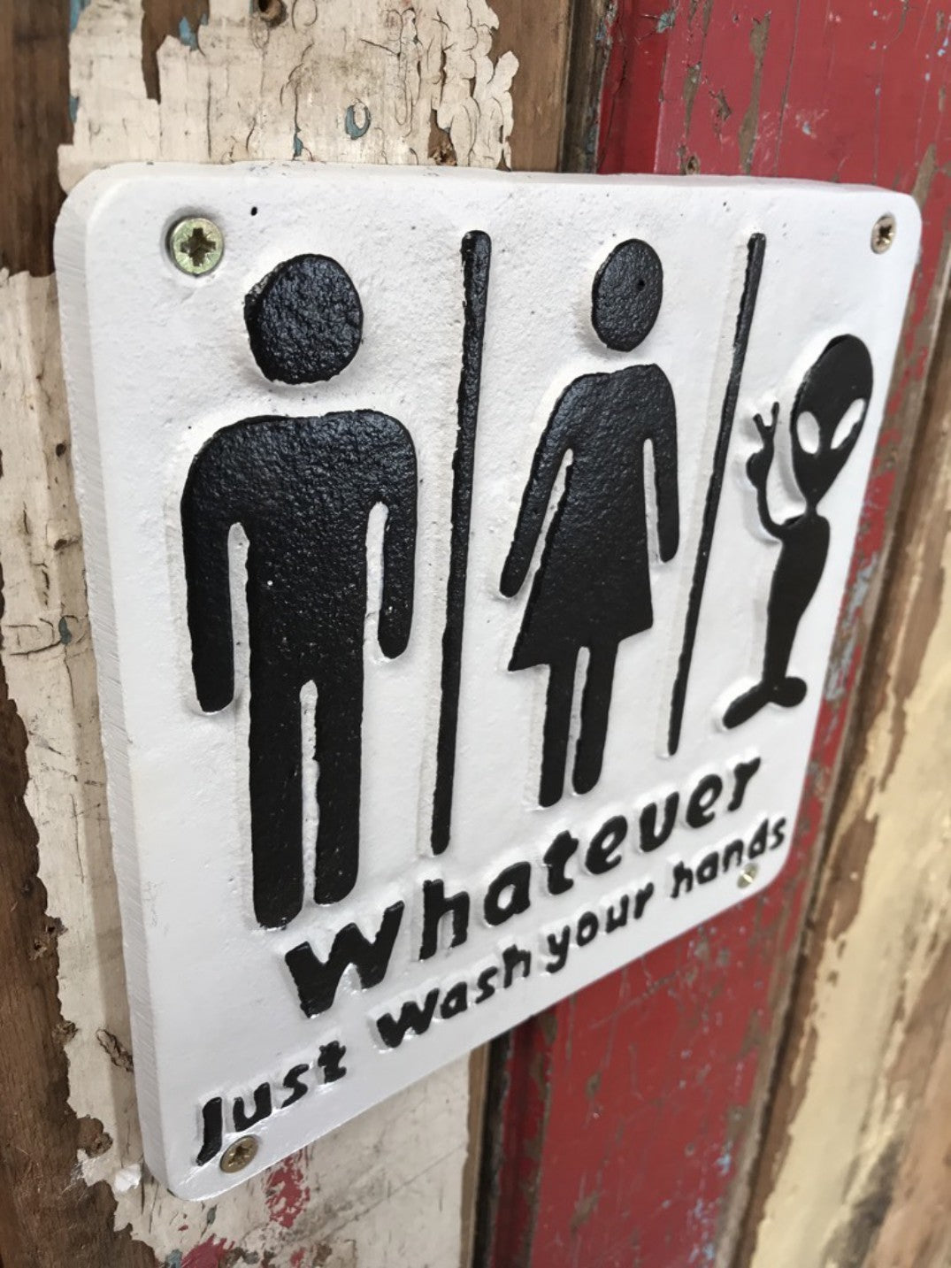 Alien Or Human Whatever Just Wash Your Hands Cast Iron Funny Wall Sign