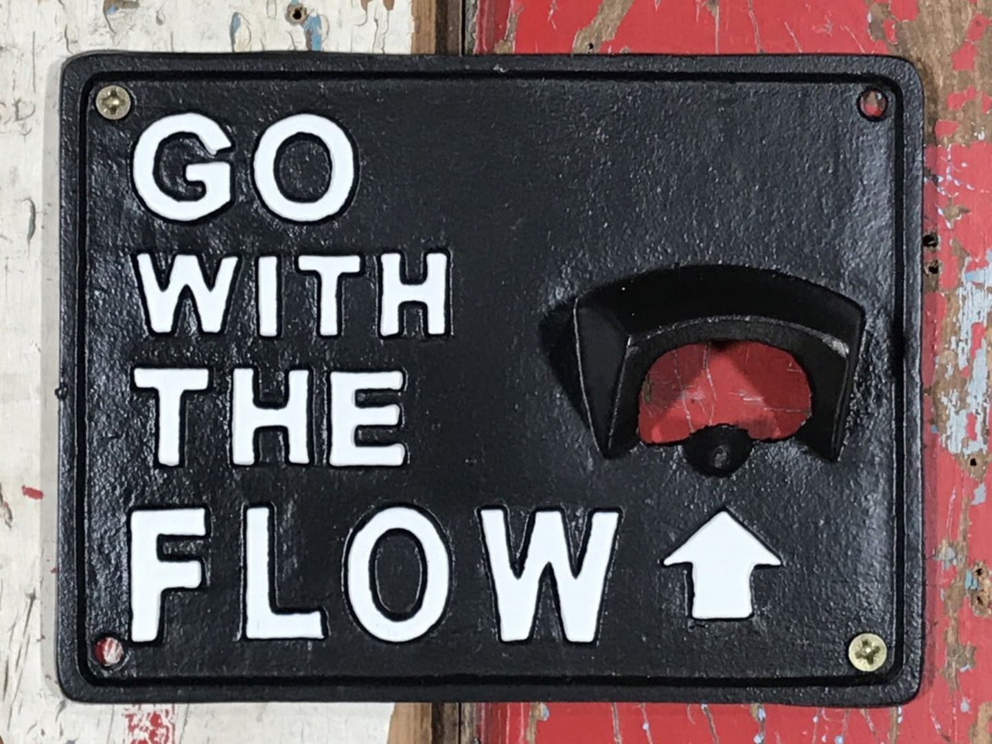Wall Mounted Bottle Opener GO WITH THE FLOW Beer Stubby Black Cast Iron