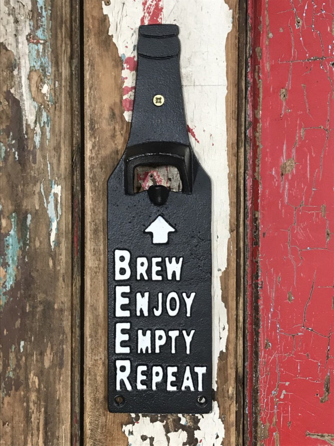 Bottle Shape Beer Top Opener BREW ENJOY EMPTY REPEAT Wall Mounted Cast Iron