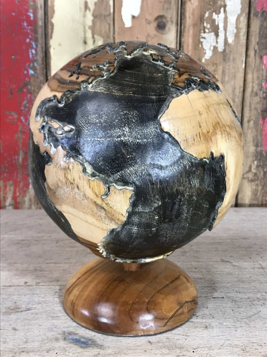 Stunning Solid Wood Spinning World Globe Ornament Fantastic Hand Carved