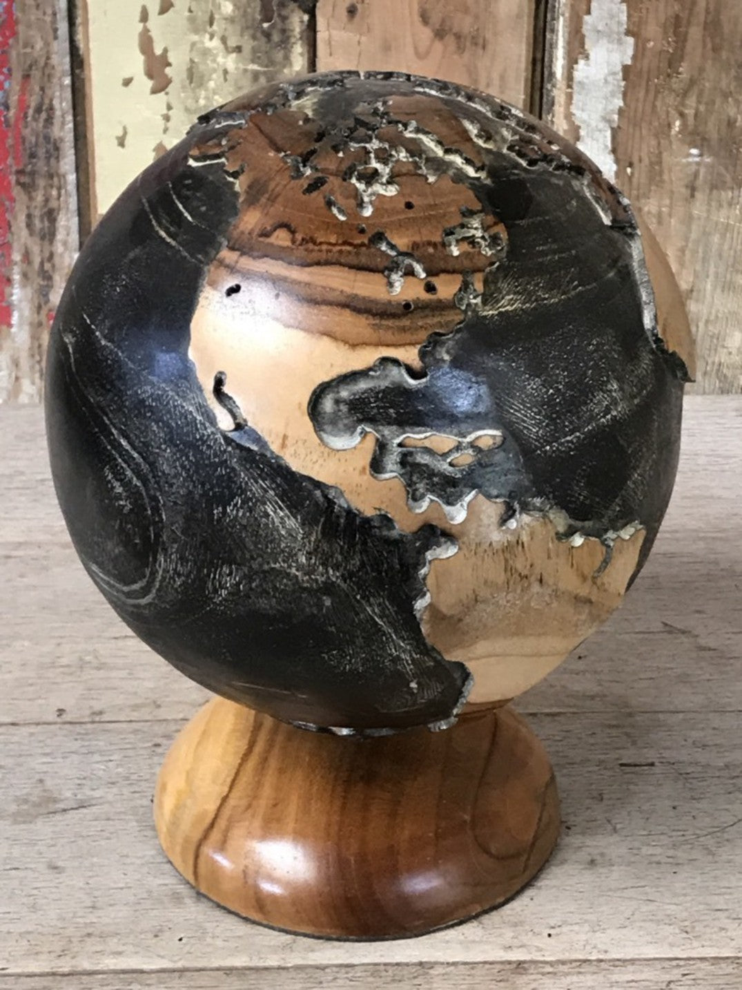 Stunning Solid Wood Spinning World Globe Ornament Fantastic Hand Carved