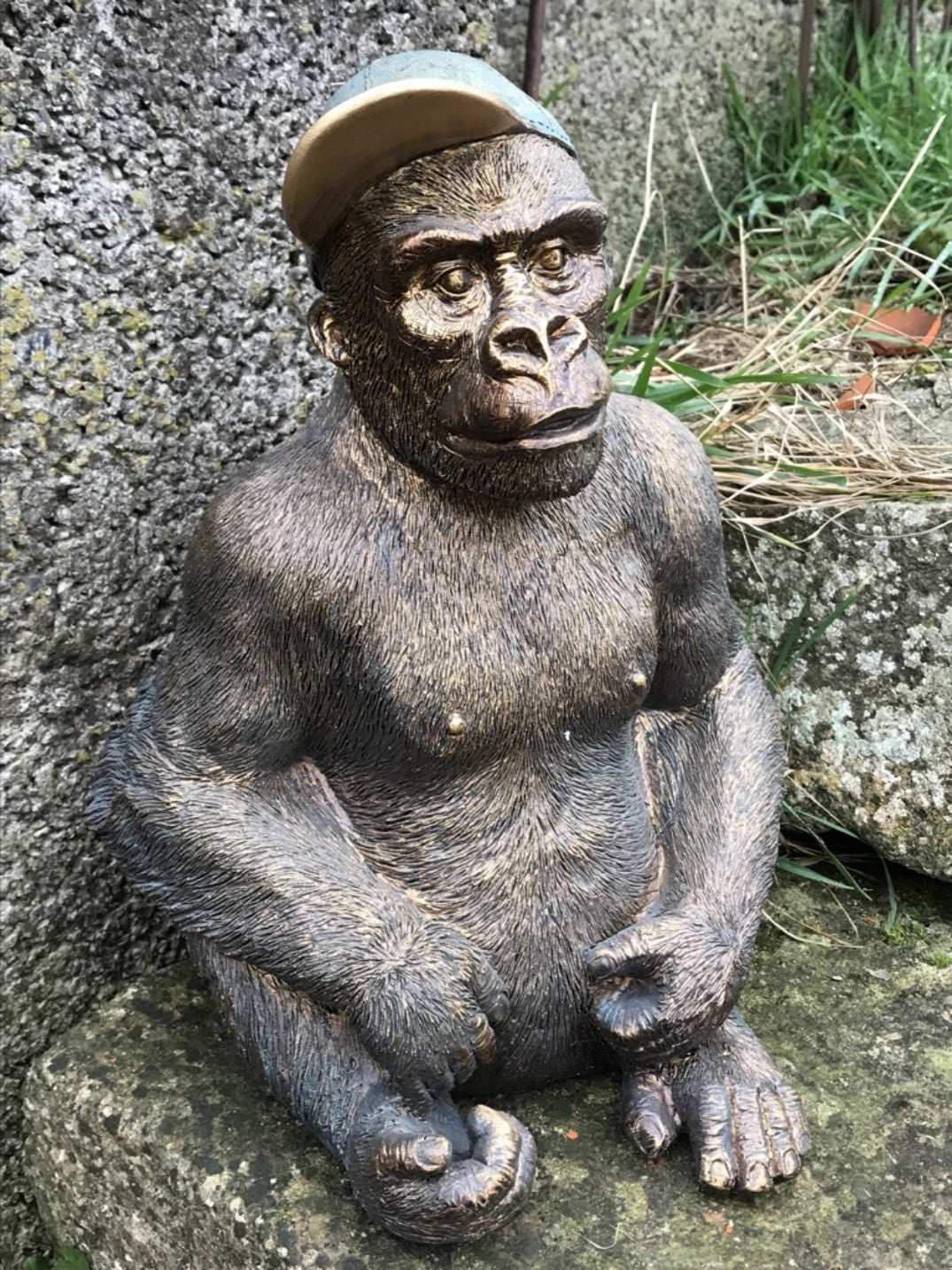 12" Tall Detailed Sitting Resin Gorilla With Baseball Cap On Decorative Figure