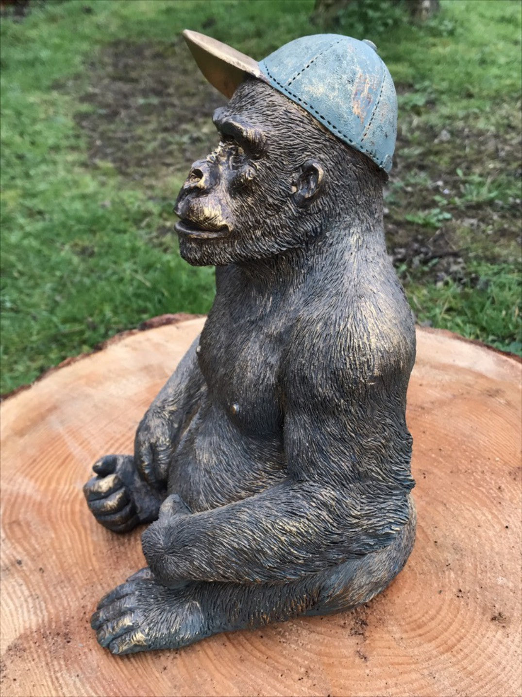 12" Tall Detailed Sitting Resin Gorilla With Baseball Cap On Decorative Figure