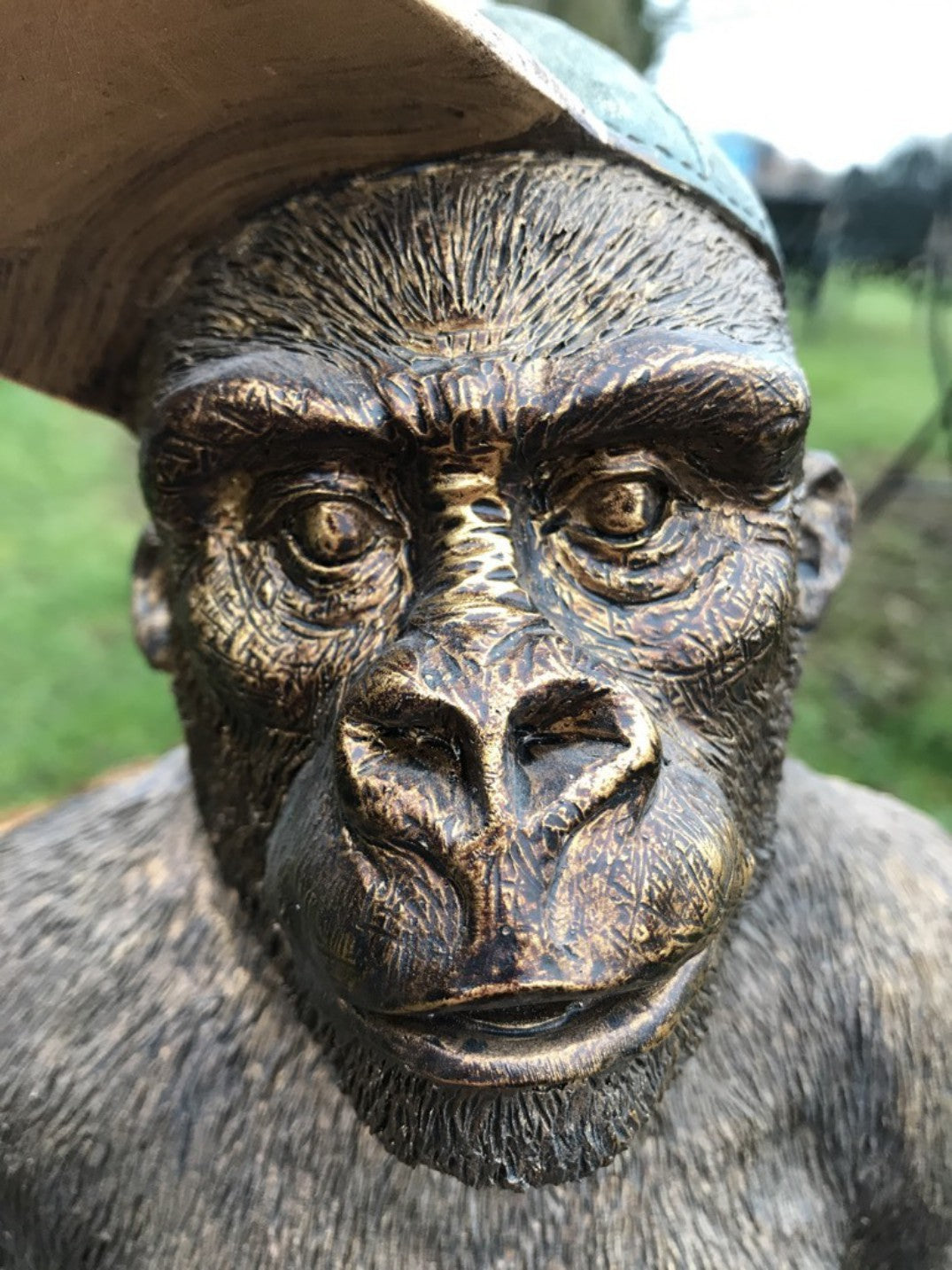 12" Tall Detailed Sitting Resin Gorilla With Baseball Cap On Decorative Figure