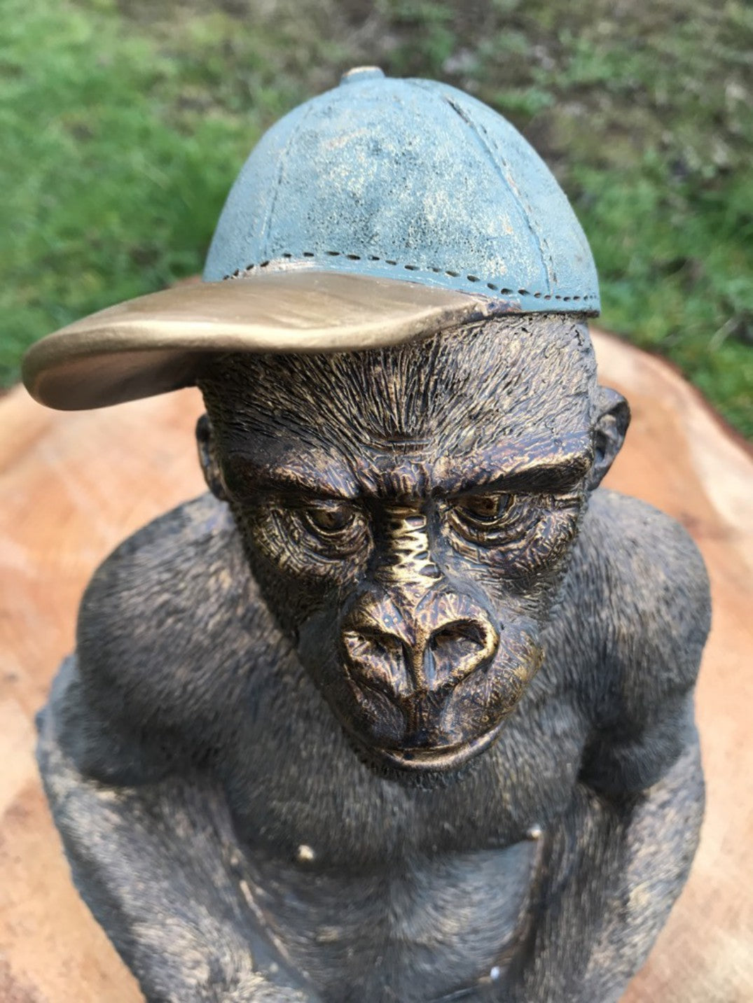 12" Tall Detailed Sitting Resin Gorilla With Baseball Cap On Decorative Figure