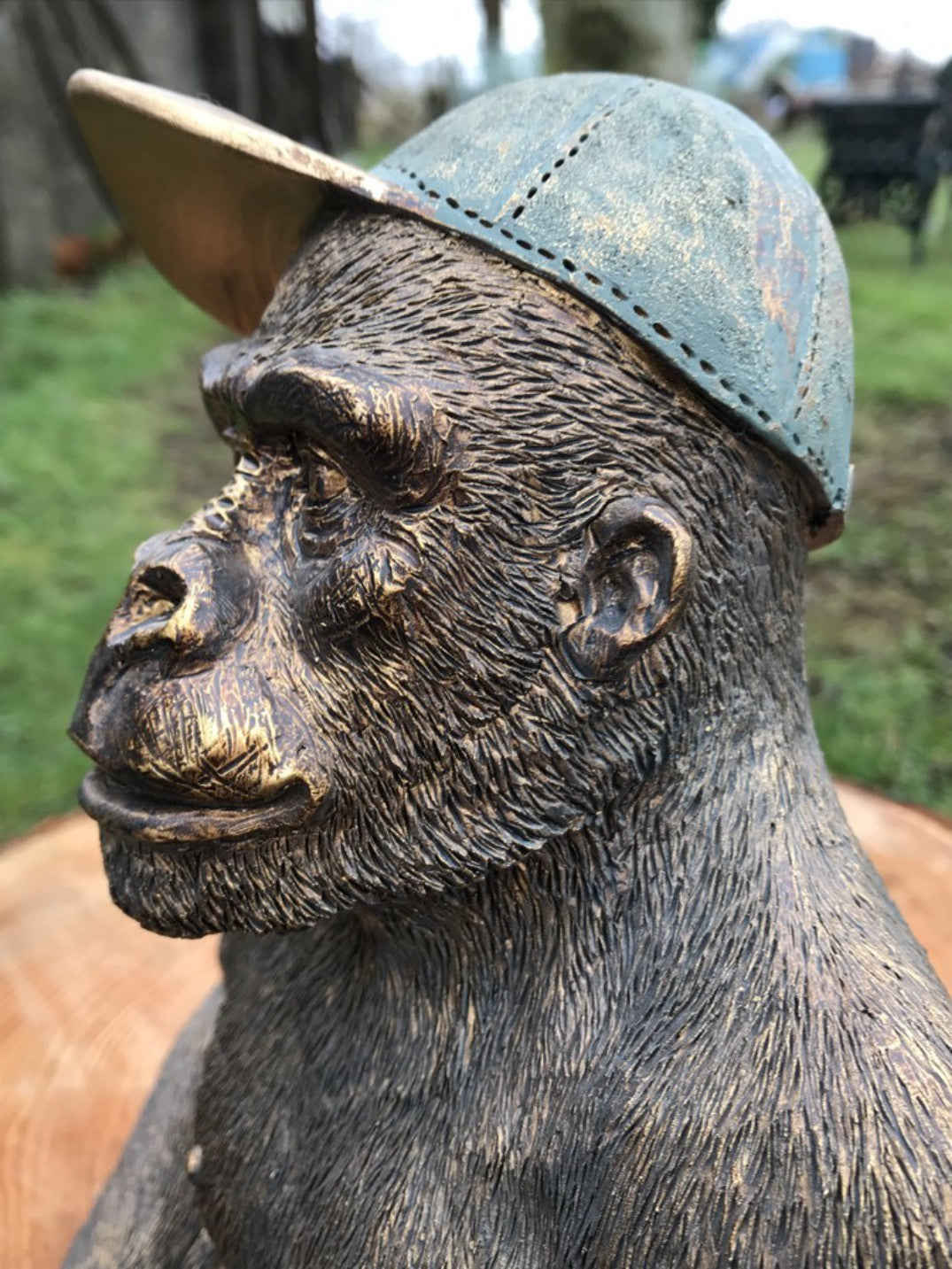 12" Tall Detailed Sitting Resin Gorilla With Baseball Cap On Decorative Figure