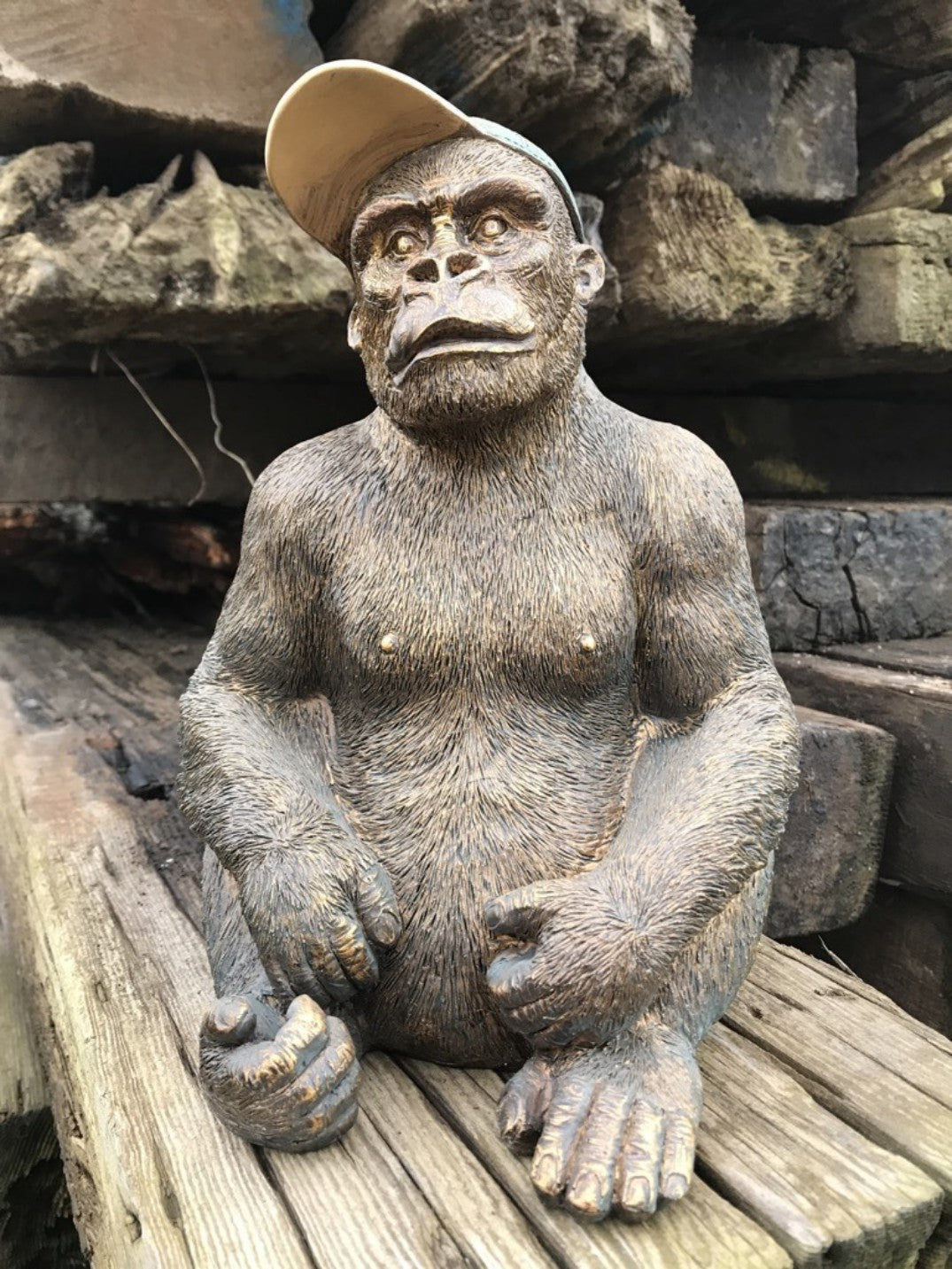 12" Tall Detailed Sitting Resin Gorilla With Baseball Cap On Decorative Figure