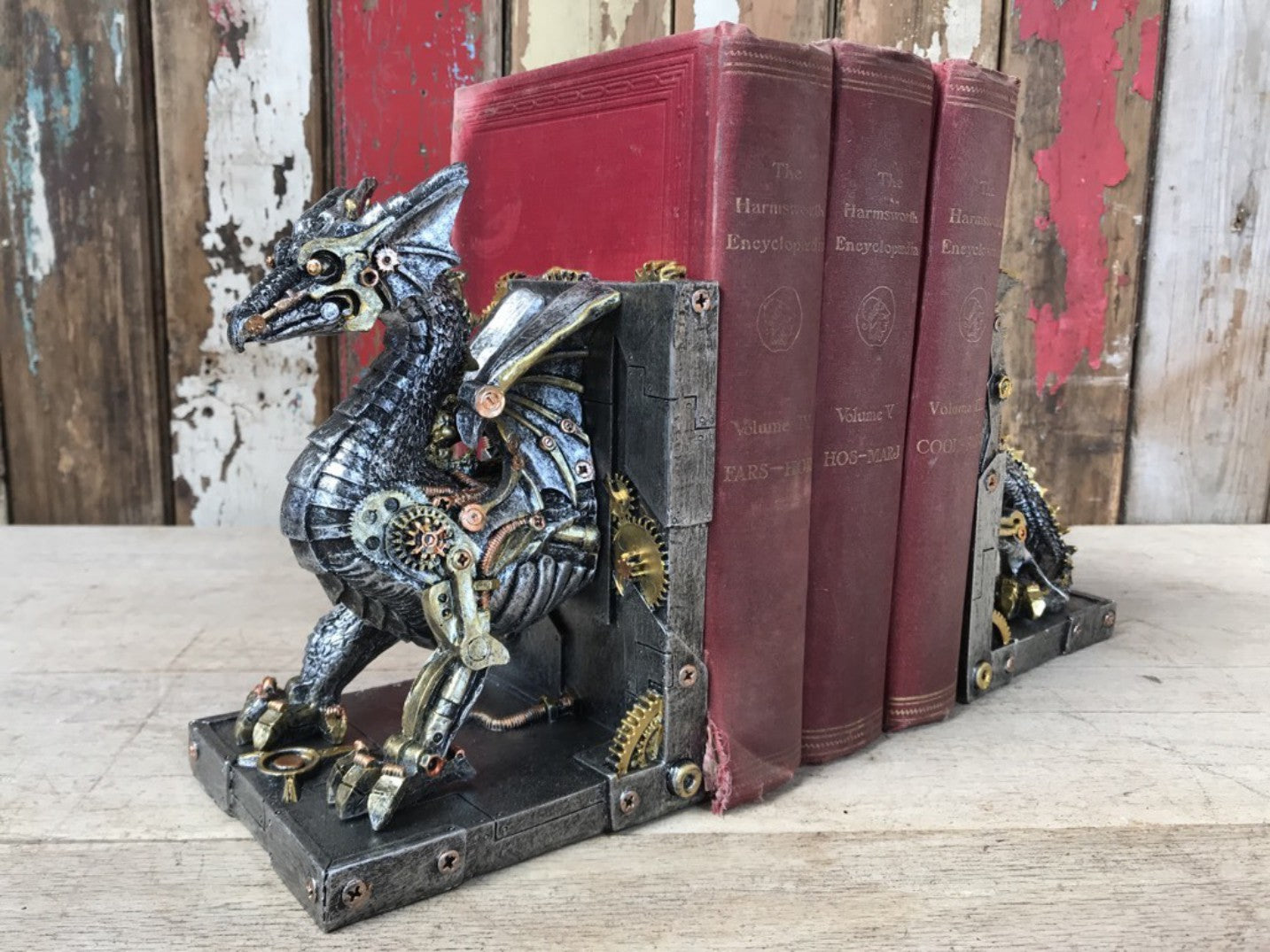 Steampunk Resin Silver Dragon Book Ends with Amazing Gold and Copper Detail