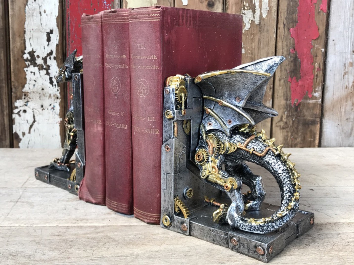 Steampunk Resin Silver Dragon Book Ends with Amazing Gold and Copper Detail