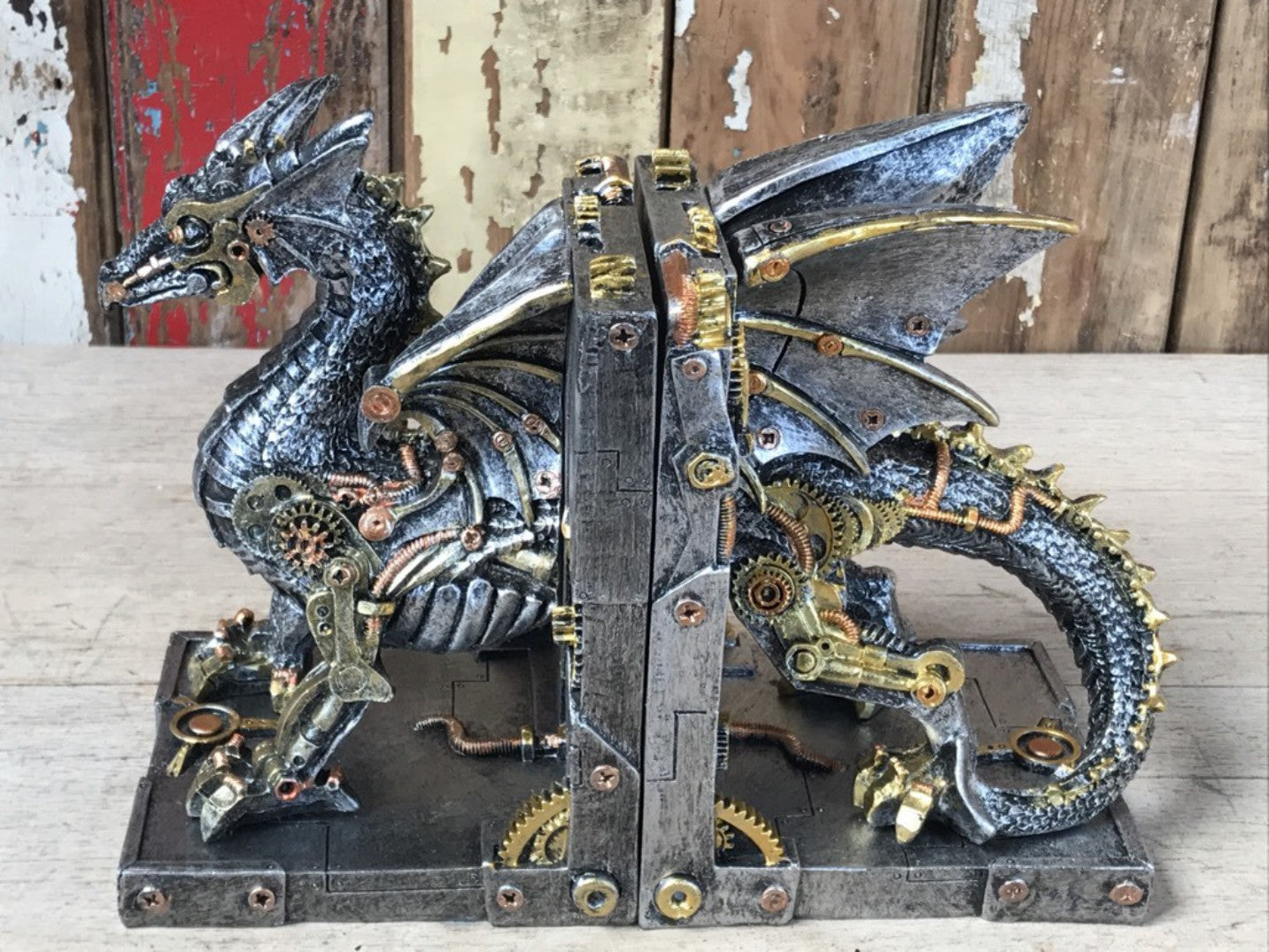 Steampunk Resin Silver Dragon Book Ends with Amazing Gold and Copper Detail