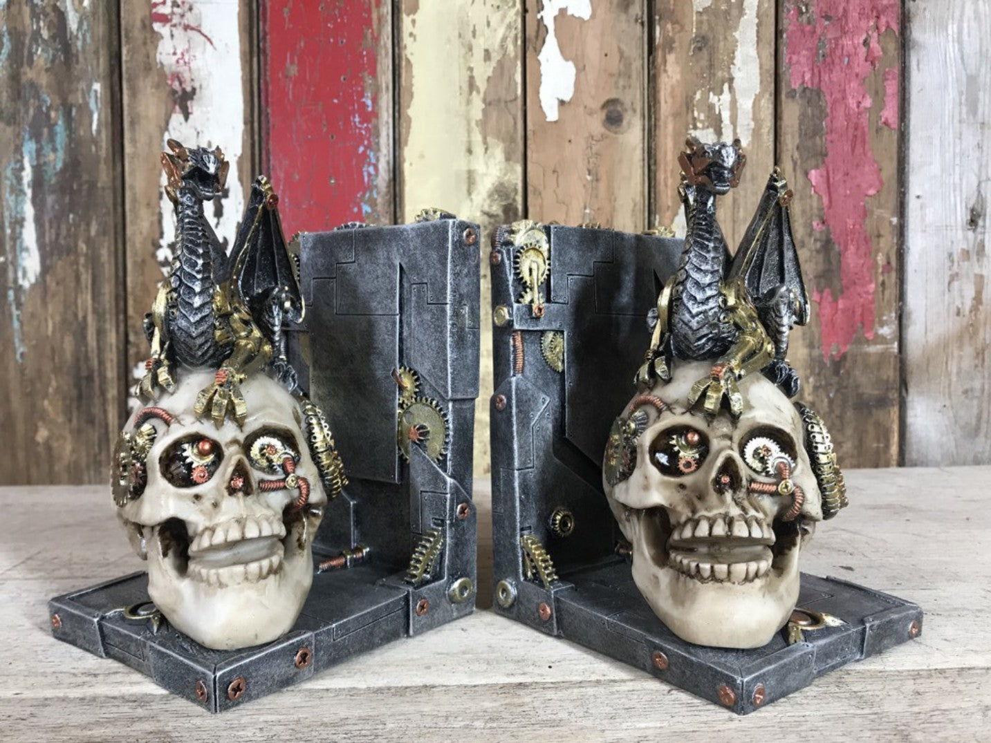 Steampunk Skulls With Dragons Bookends Fantastic Amazing Detail Quirky Bookends